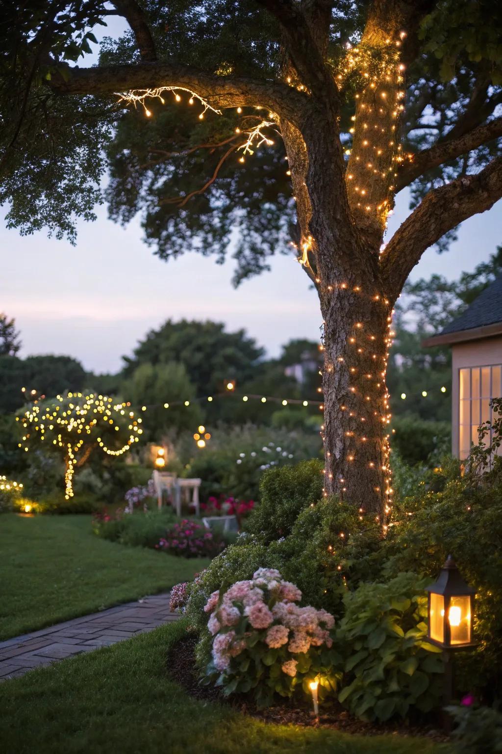 A tree adorned with fairy lights, creating a whimsical garden retreat.