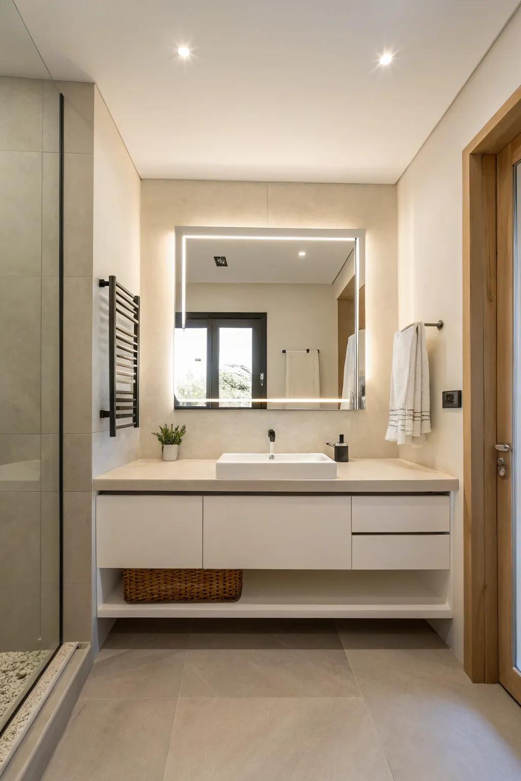 A minimalist bathroom showcases a floating vanity, offering a sleek and modern aesthetic.