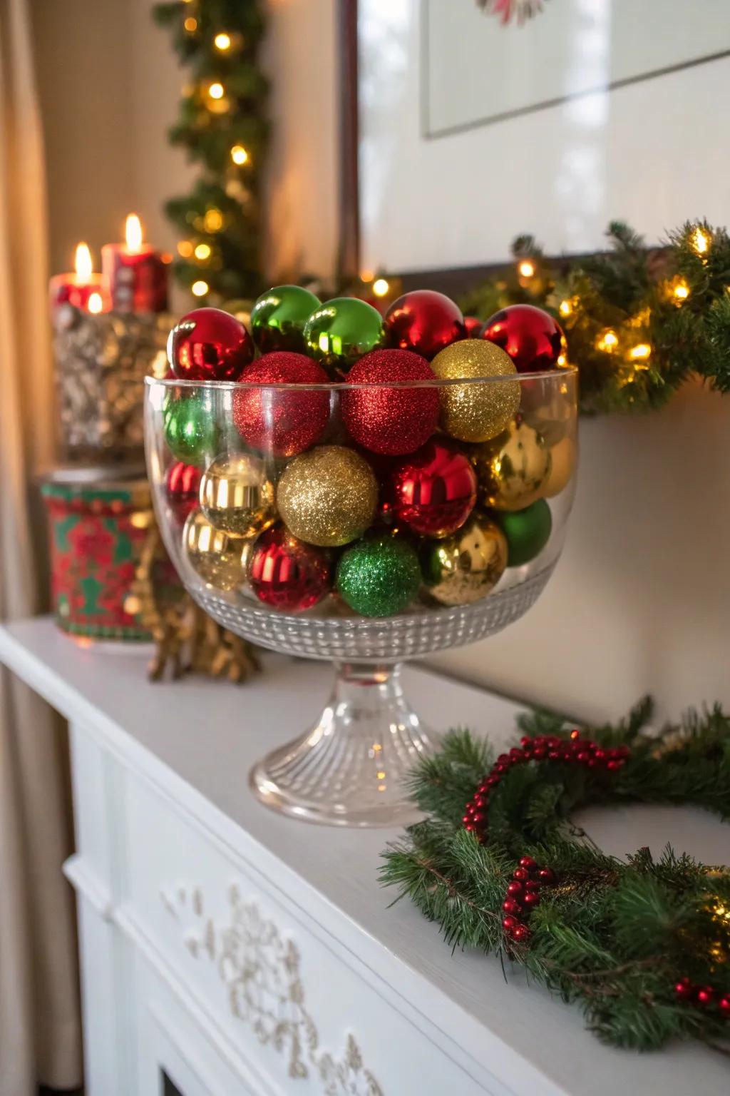 A dessert bowl filled with holiday happiness thanks to radiant ornaments.