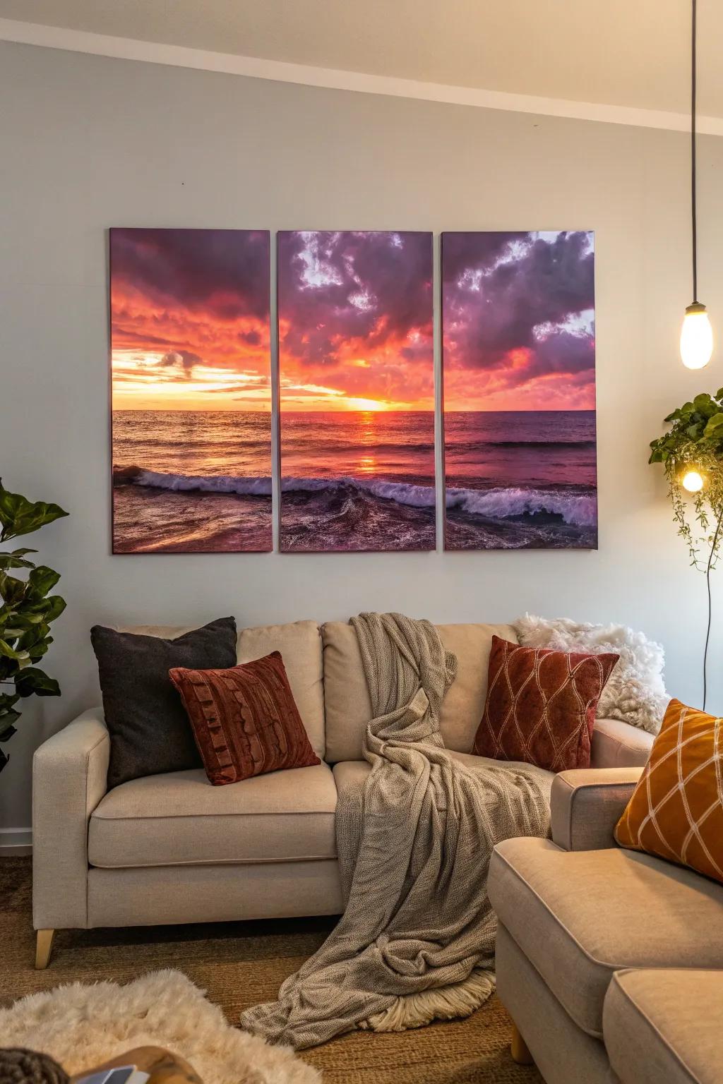 A triptych art piece capturing the beauty of an ocean sunset.