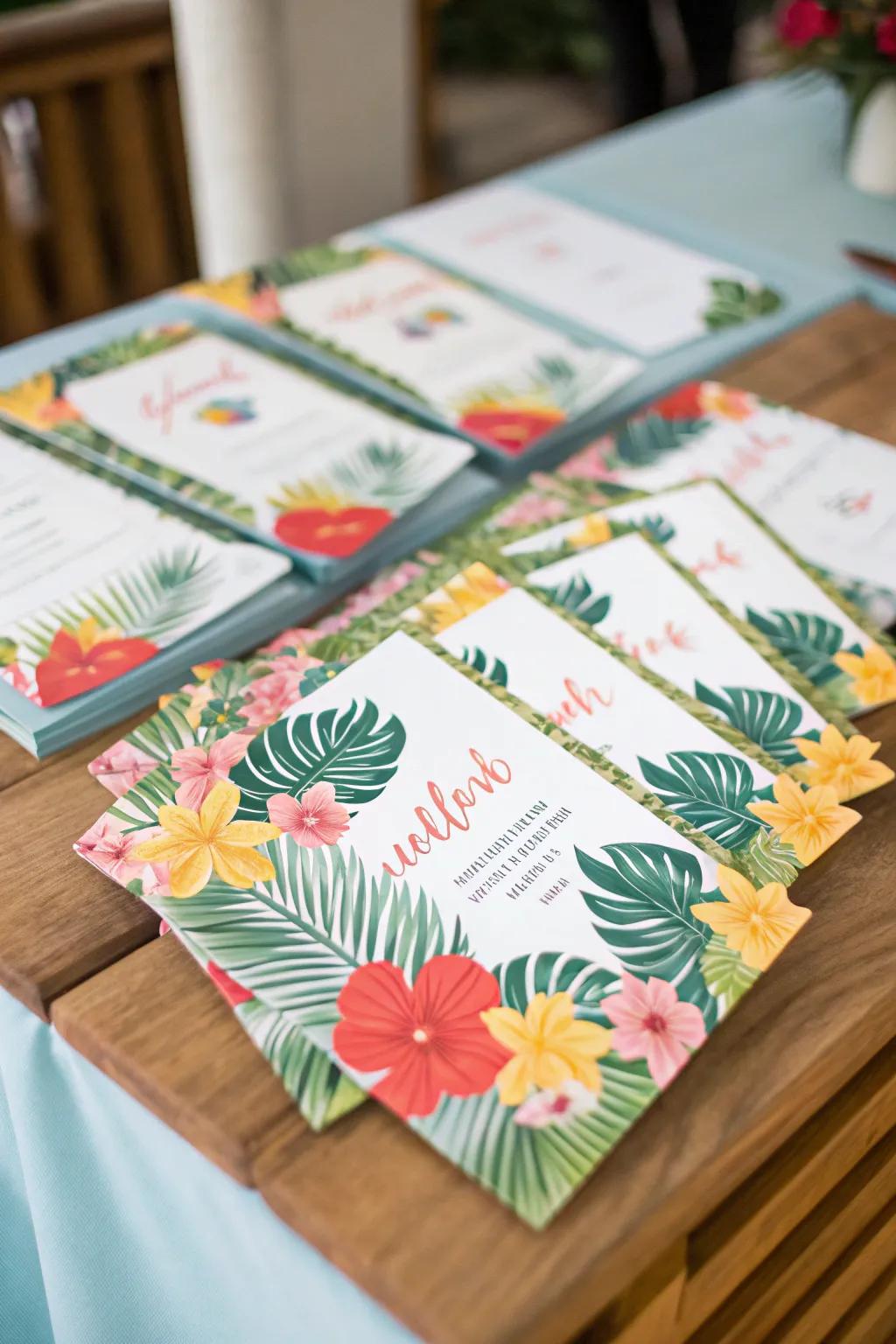 Establish the ambiance with bright tropical invitations.