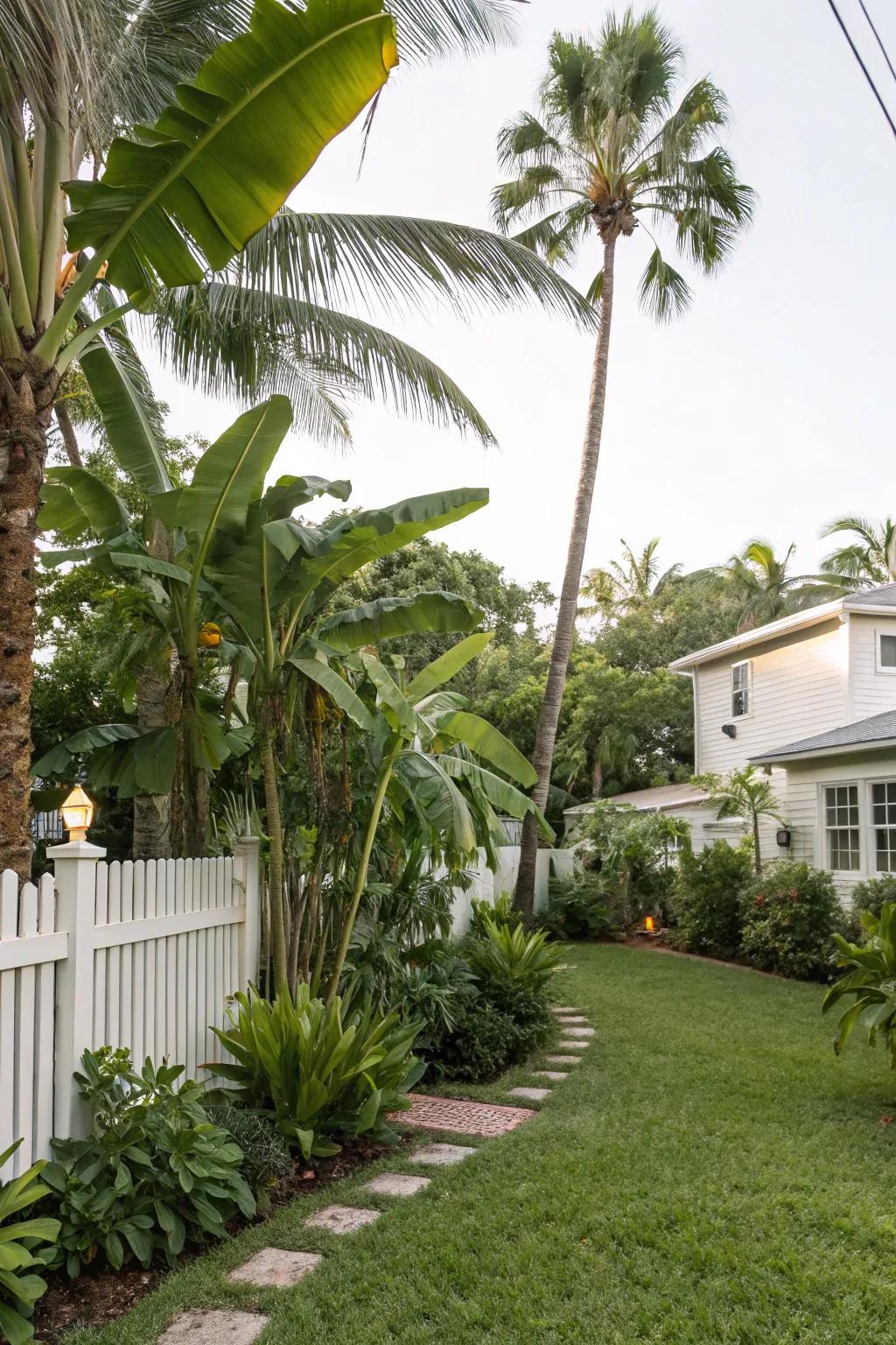 Abundant vegetation comprising banana and palm trees gives a striking backdrop.