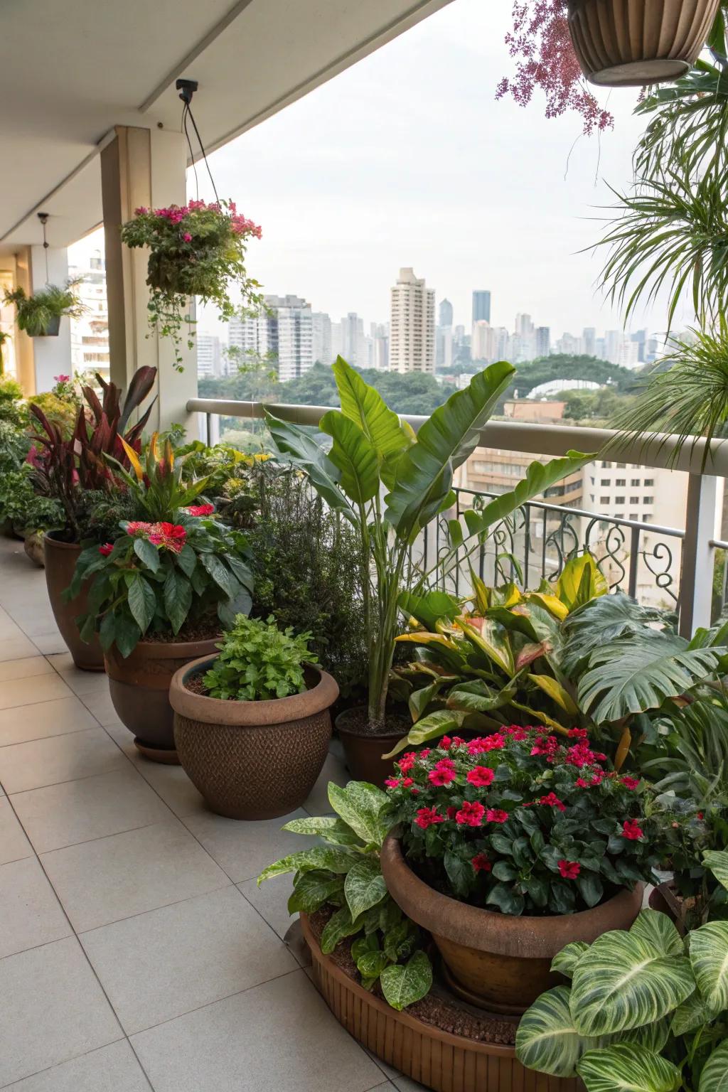 Achieve a jungle atmosphere by intermingling large and small tropical plants.