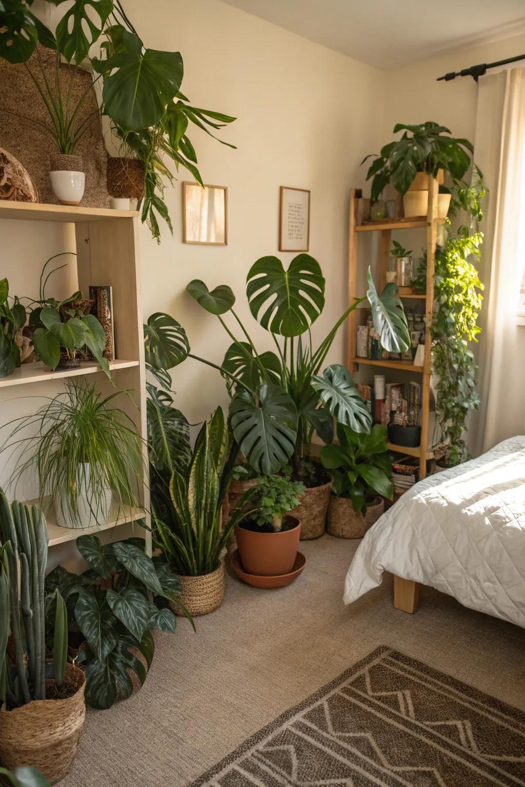 Lush tropical plants breathe life into your bedroom, creating a vibrant and fresh atmosphere.