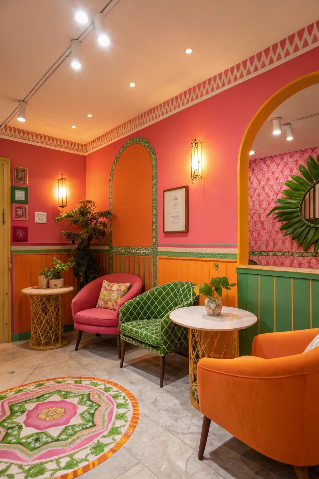 A splash of vibrant colors brings a lively tropical touch to this room.