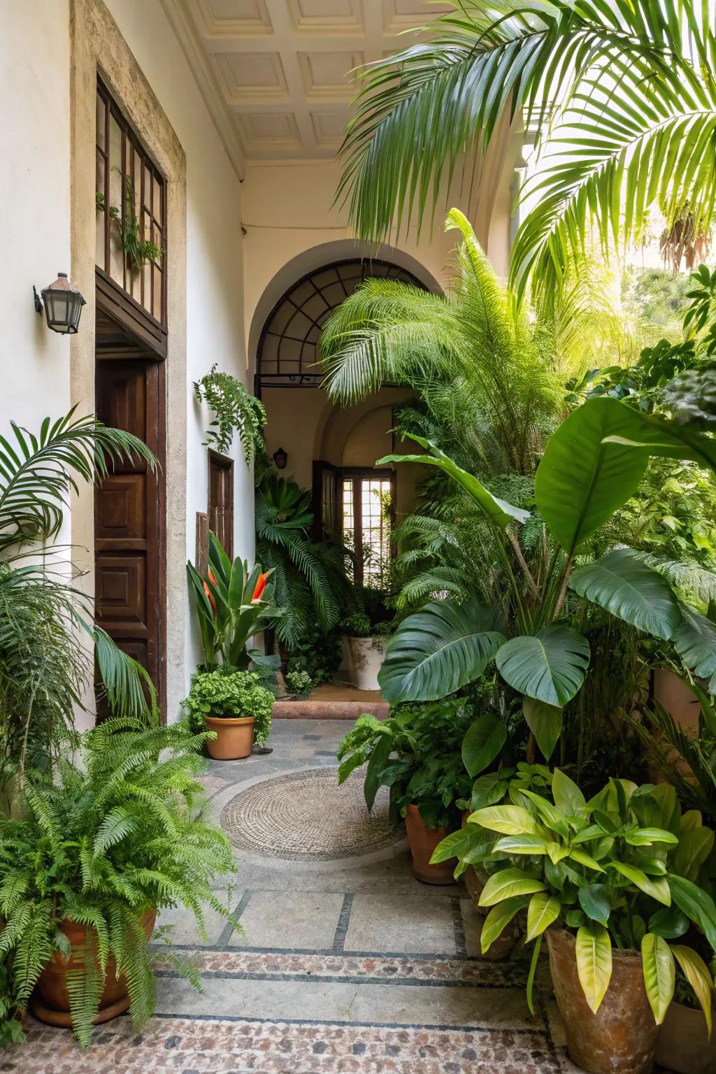 Transform your entryway into a verdant sanctuary with tropical flora.