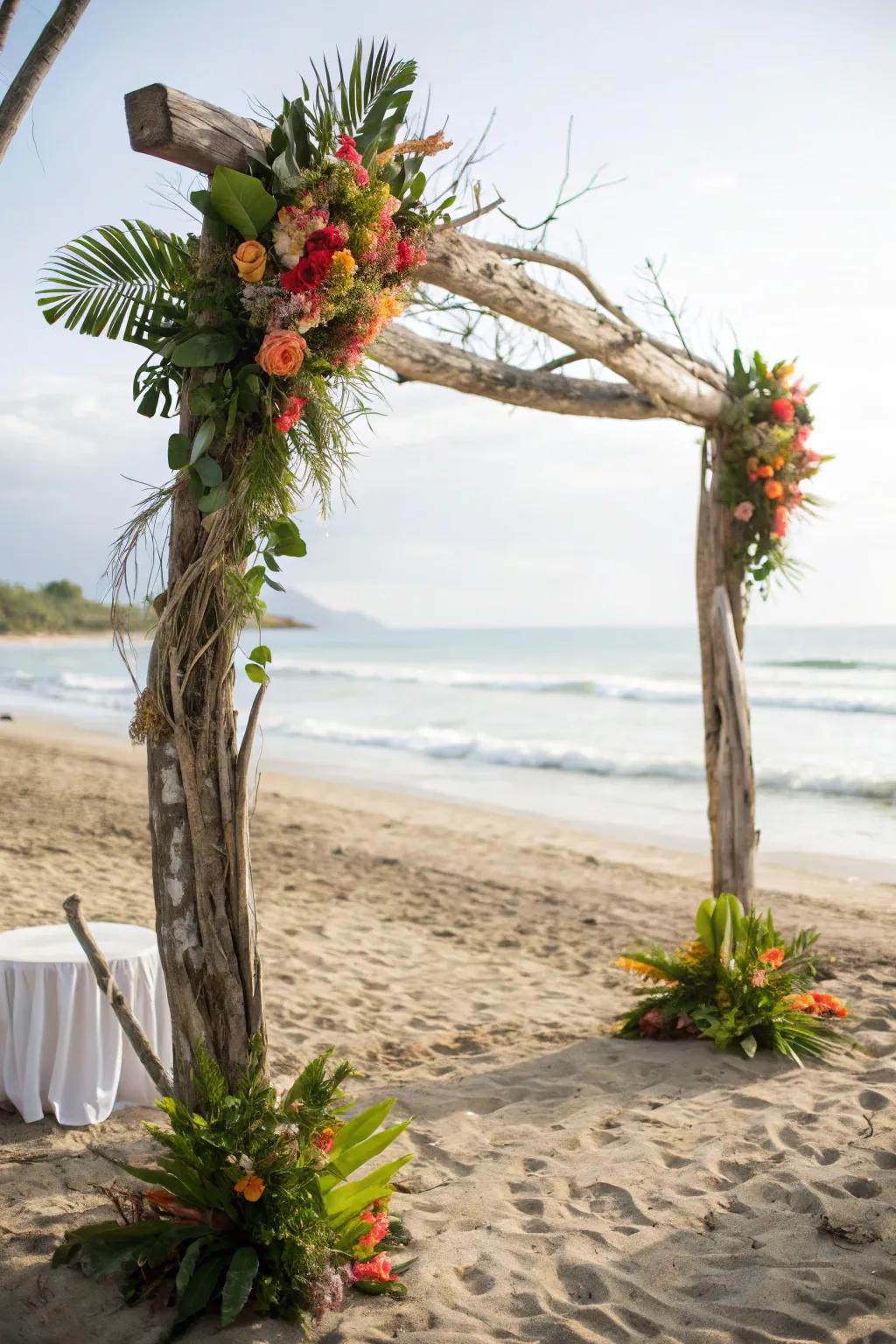A gorgeous natural driftwood wedding arch, beautifully adorned with tropical flowers.