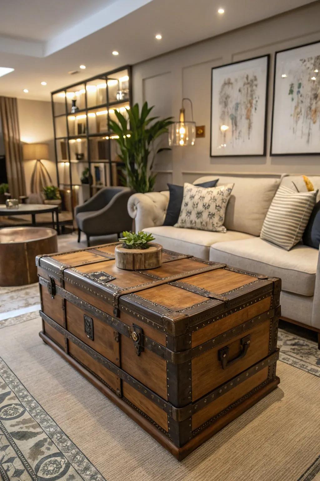 A vintage trunk elegantly serves as a coffee table, adding charm to the living space.