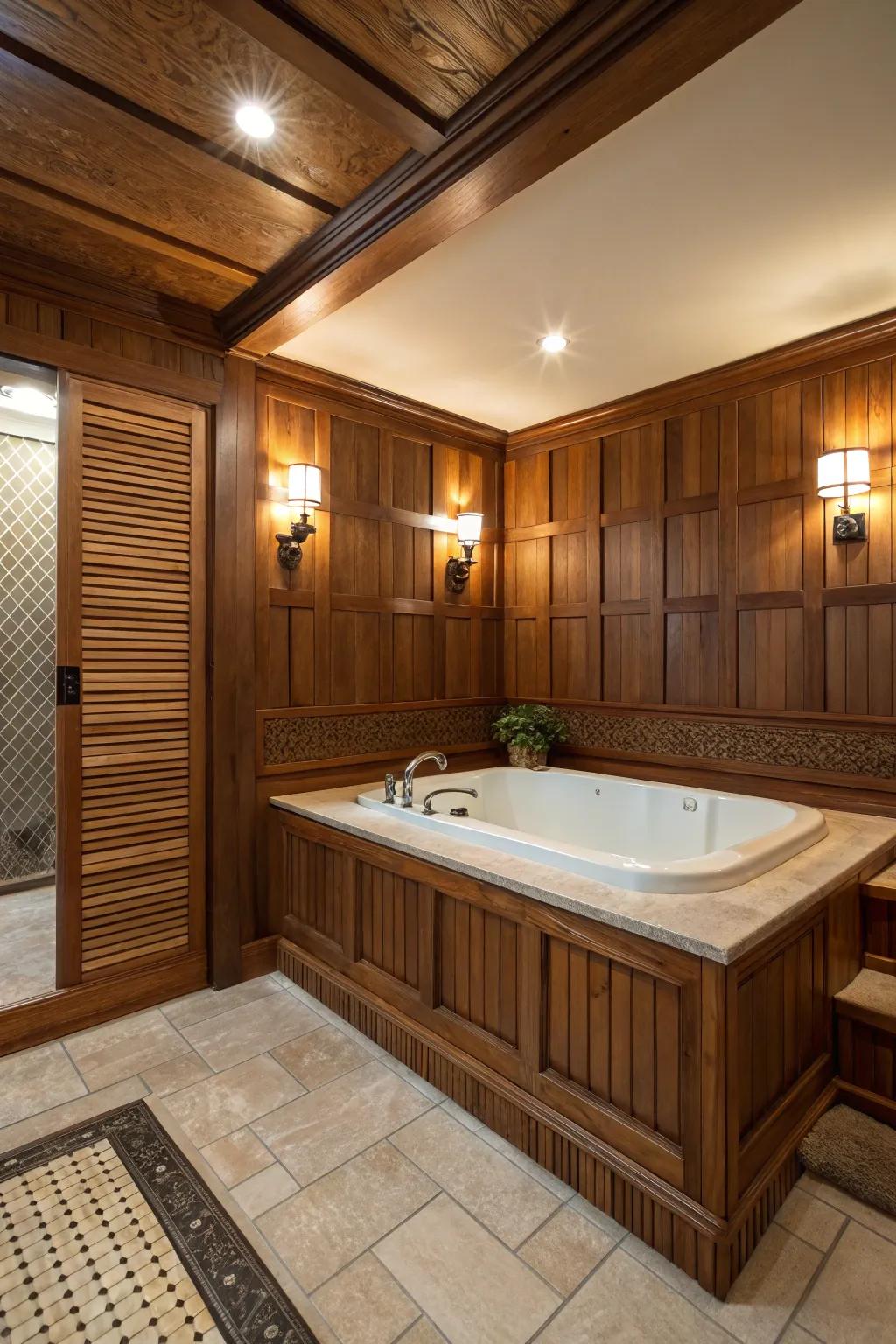 A tub deck adorned with natural wood elements, radiating warmth and comfort.