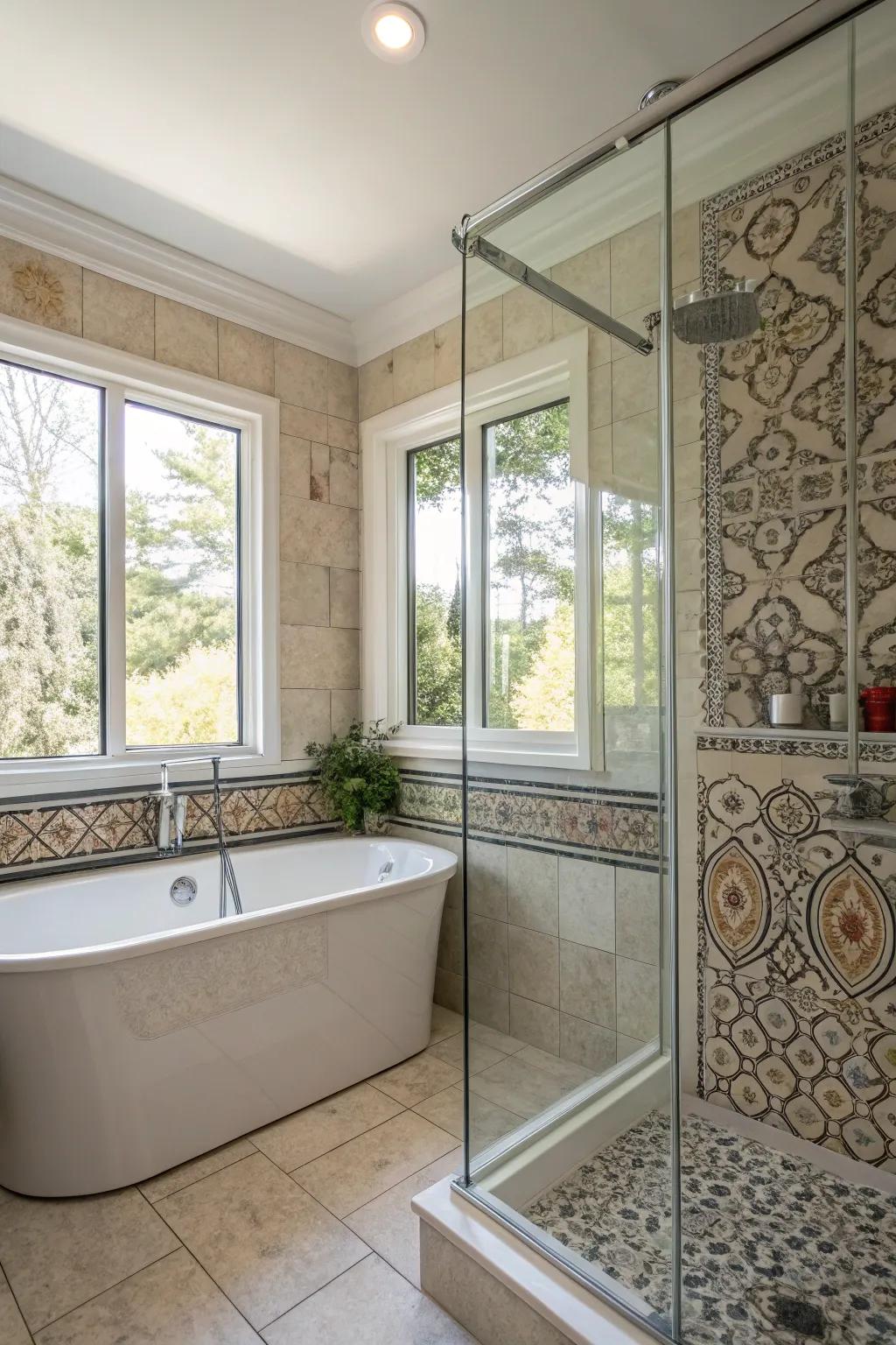 A refined glass enclosure beautifully integrates a tub and shower, enriching the area with abundant natural light.