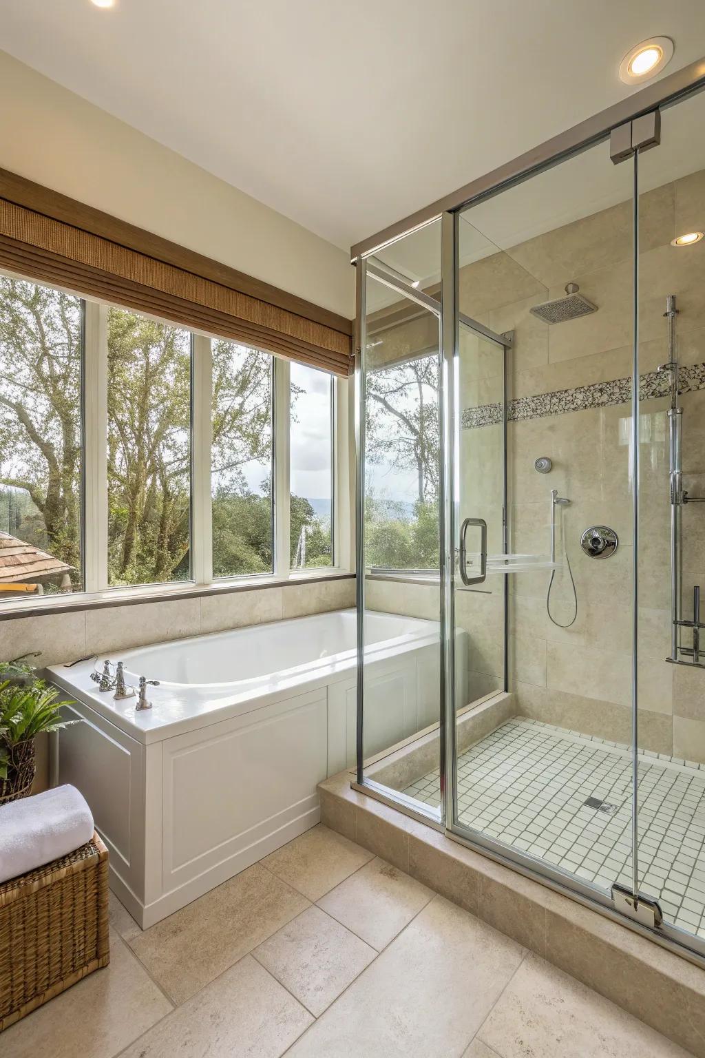 Clear glass surrounds give a roomy impression to this tub shower setup.