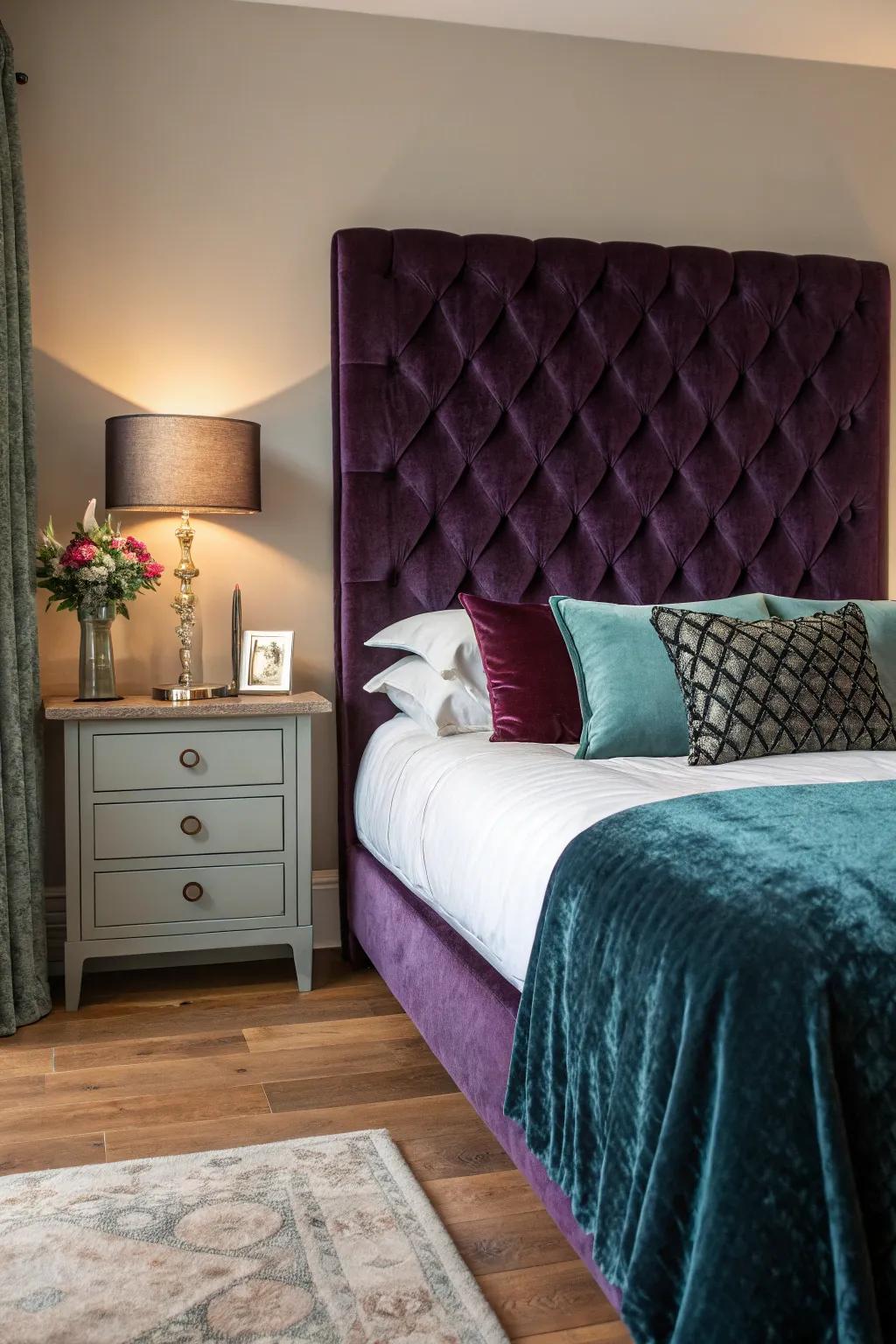 An opulent velvet tufted headboard graces a contemporary bedroom environment.