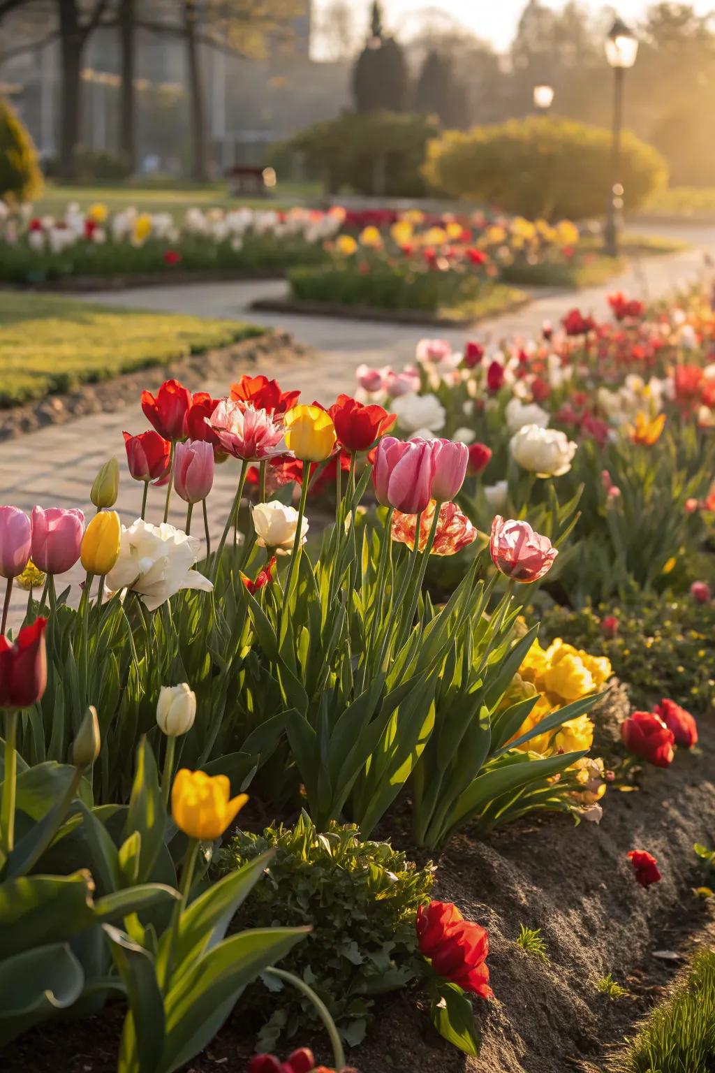 A vibrant tulip patch showcasing a variety of hues, adding allure and vibrancy to the garden.