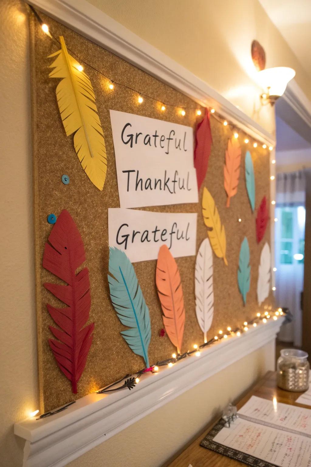 A gratitude-themed turkey bulletin board displaying heartfelt messages.