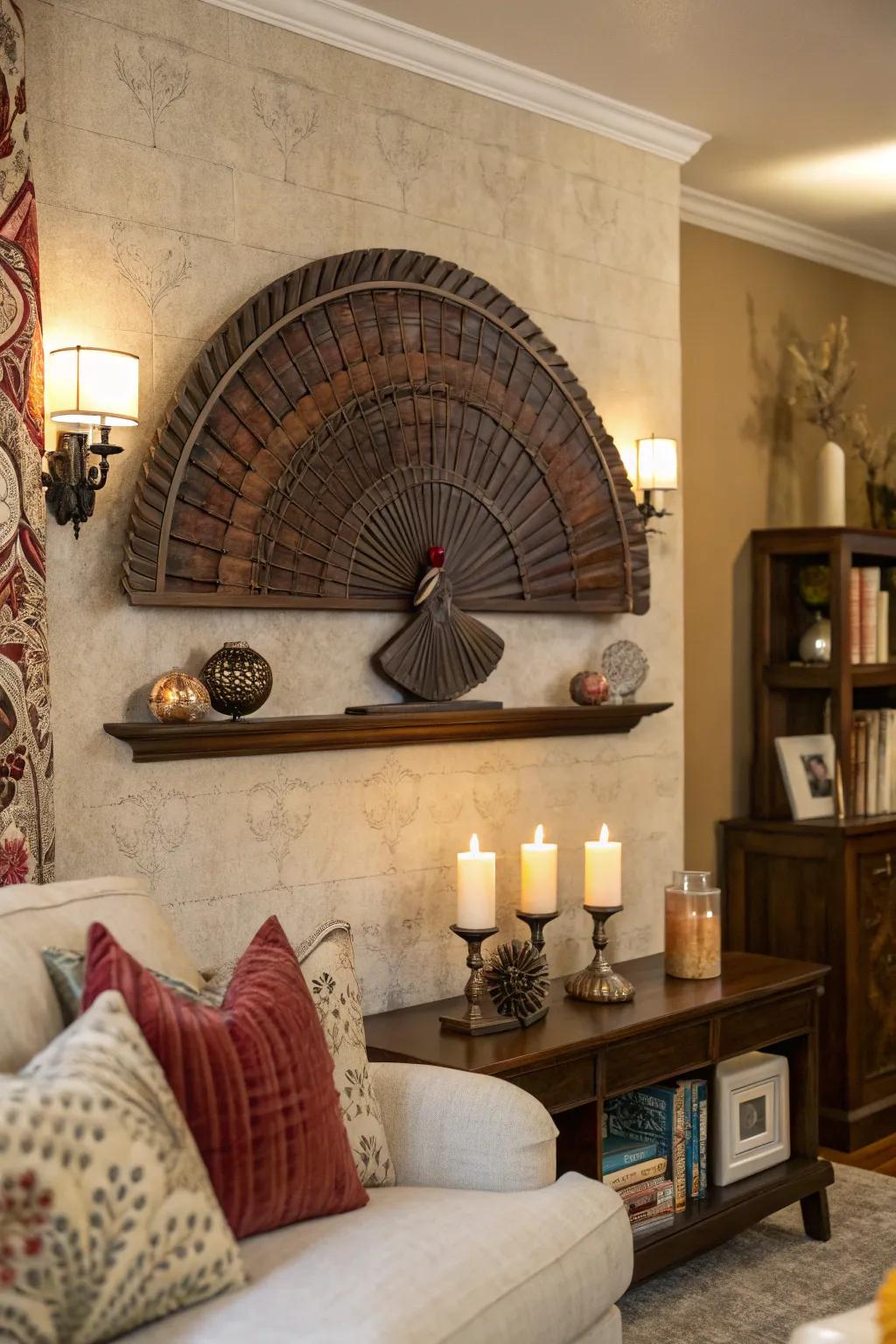 A turkey fan exquisitely showcased on a classic wooden plaque.