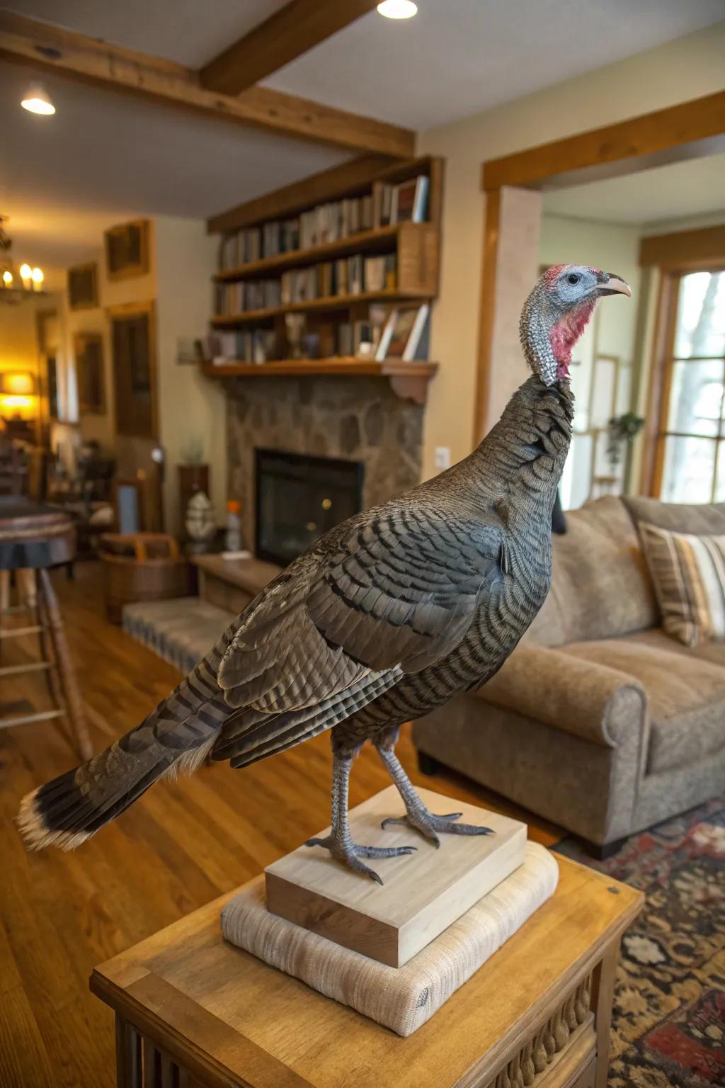A full-bodied wild fowl showcase elegantly positioned in a rustic-themed living area.