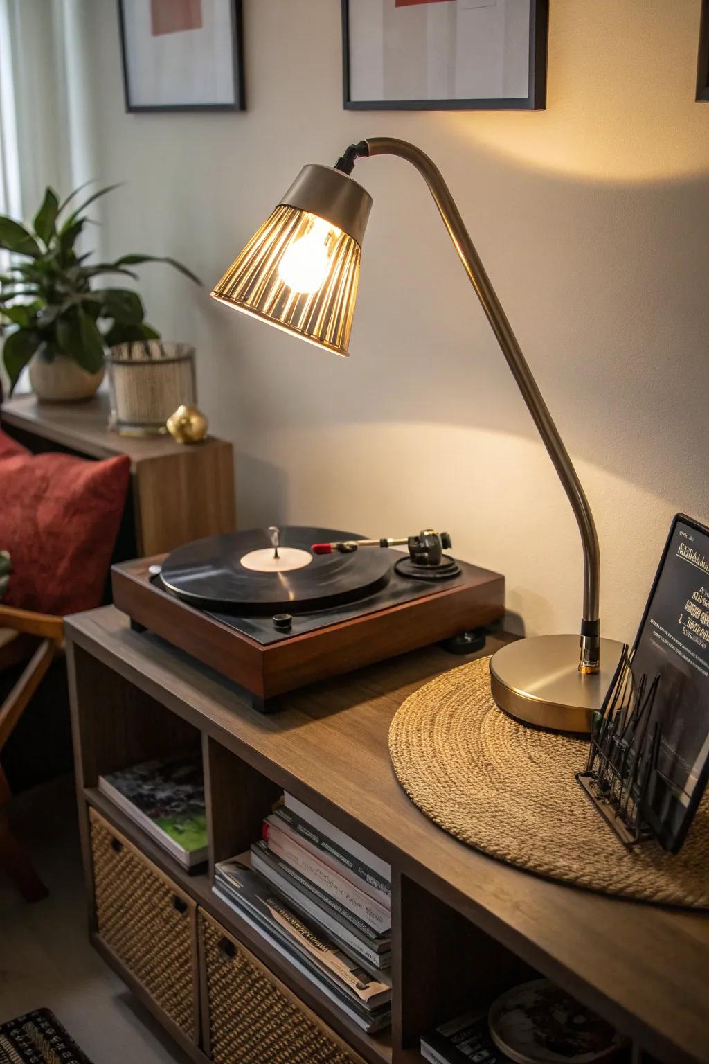 A bendable lamp delivering centered light onto a record player.