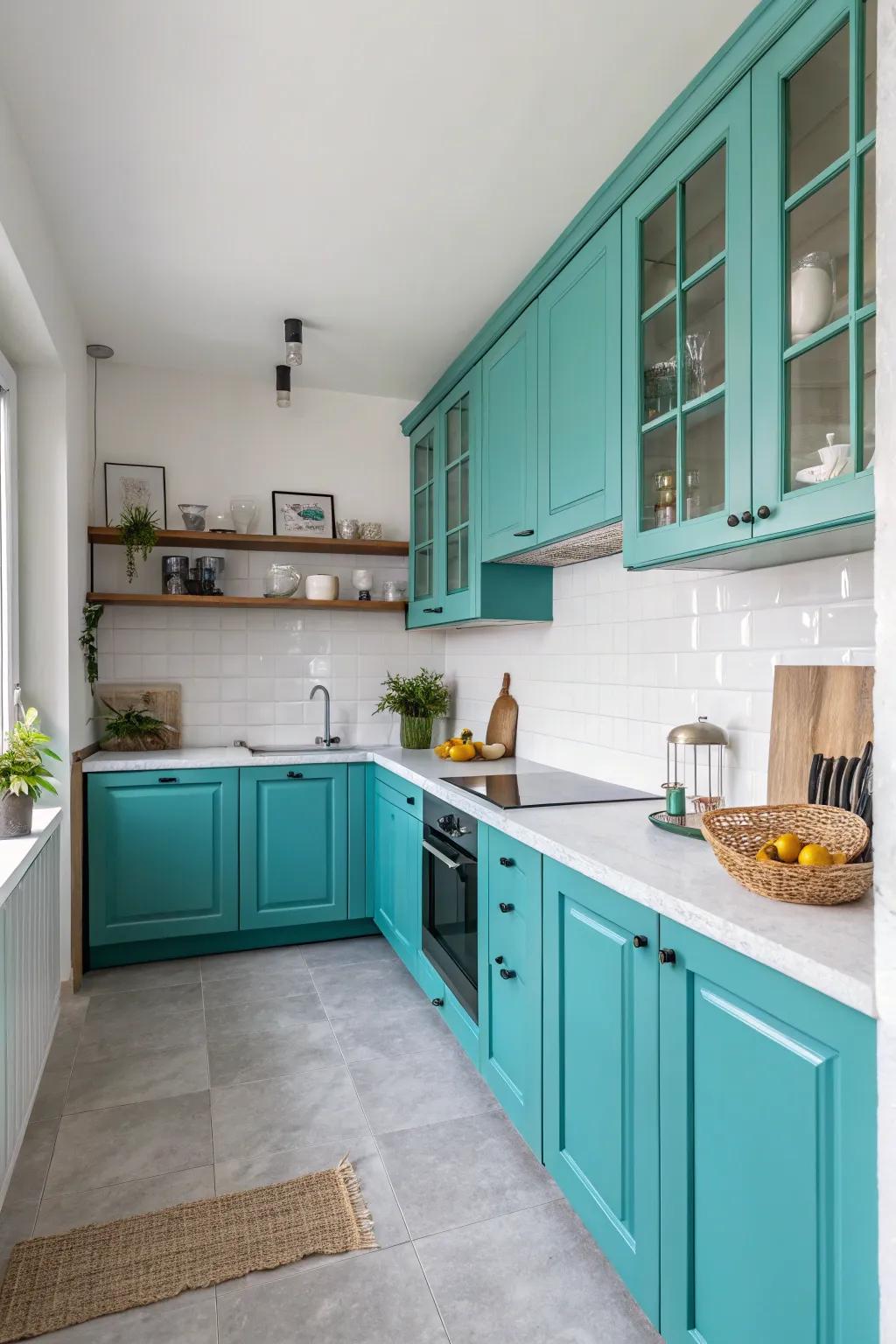 Turquoise cabinets commanding attention against a muted kitchen backdrop.