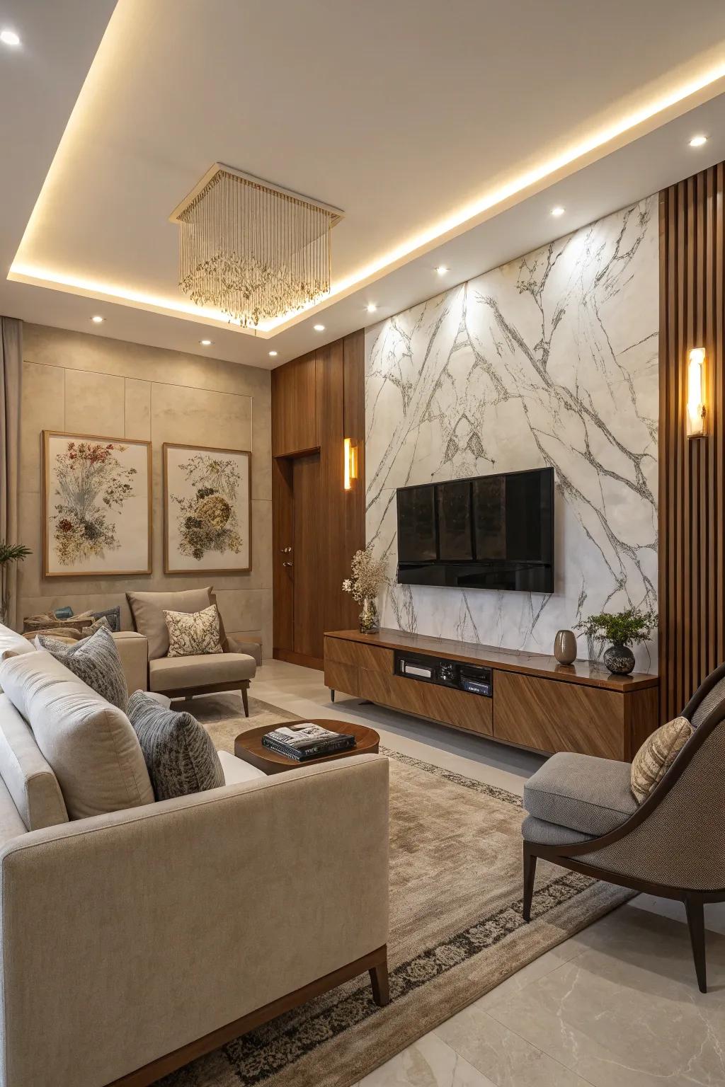 A stylish TV feature wall combining marble and wood slats in an inviting living room setup.