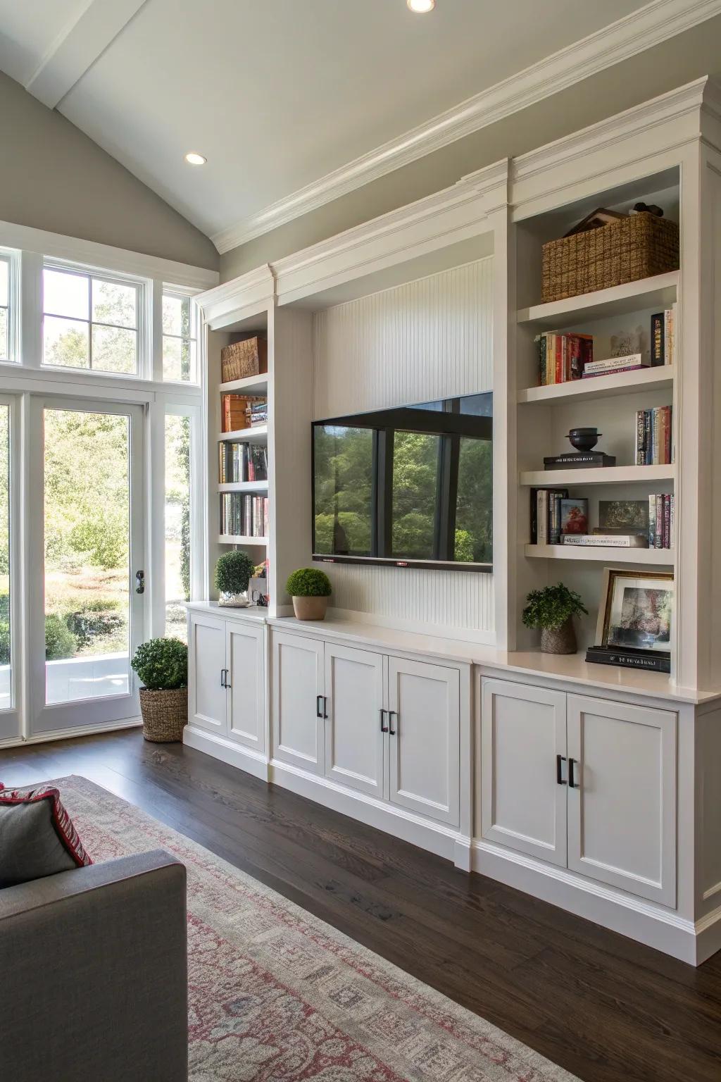 A TV gracefully set into built-in storage creating a fluid effect.
