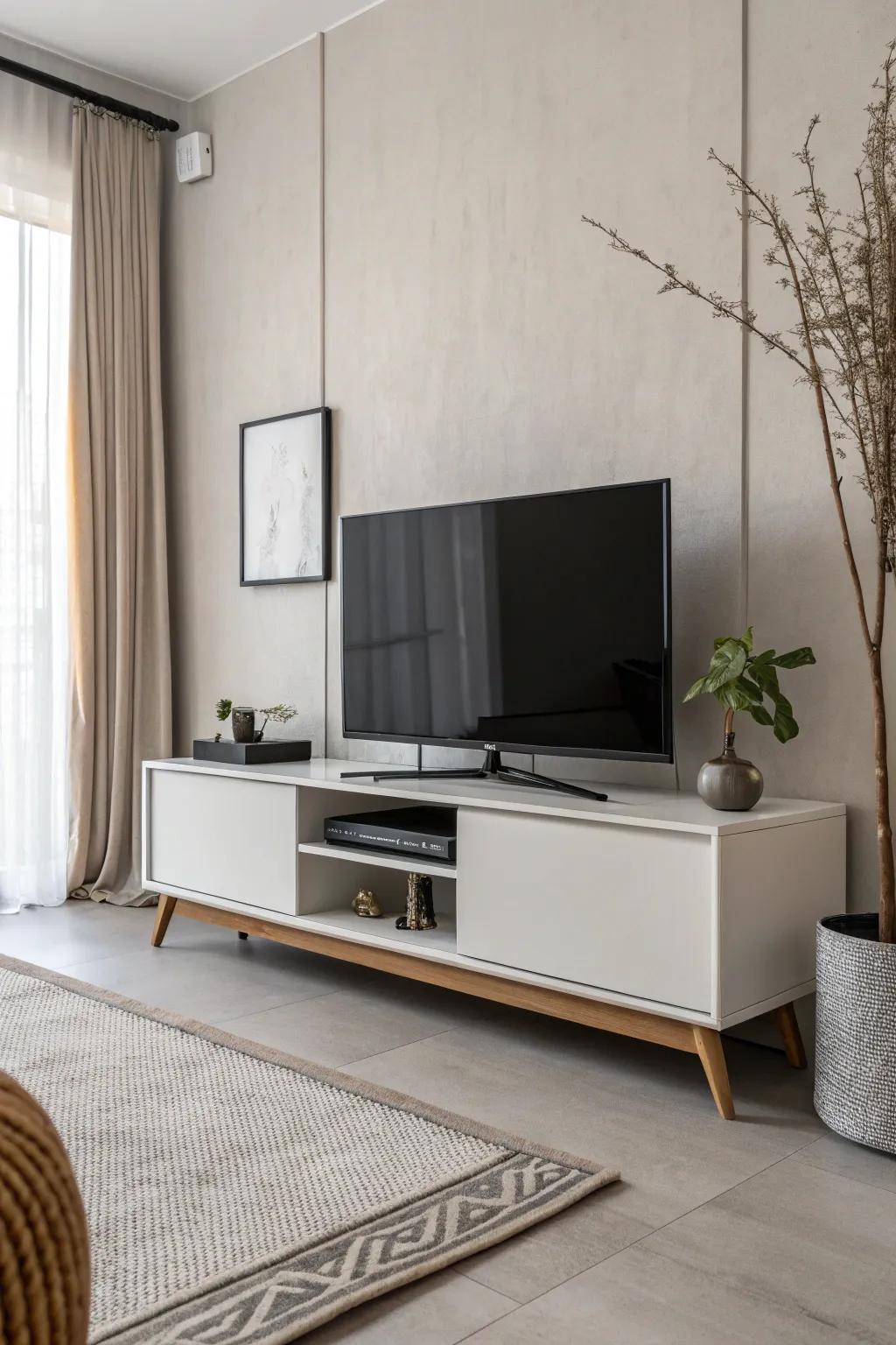 Minimalist TV stand decor featuring crisp lines and a subdued palette.