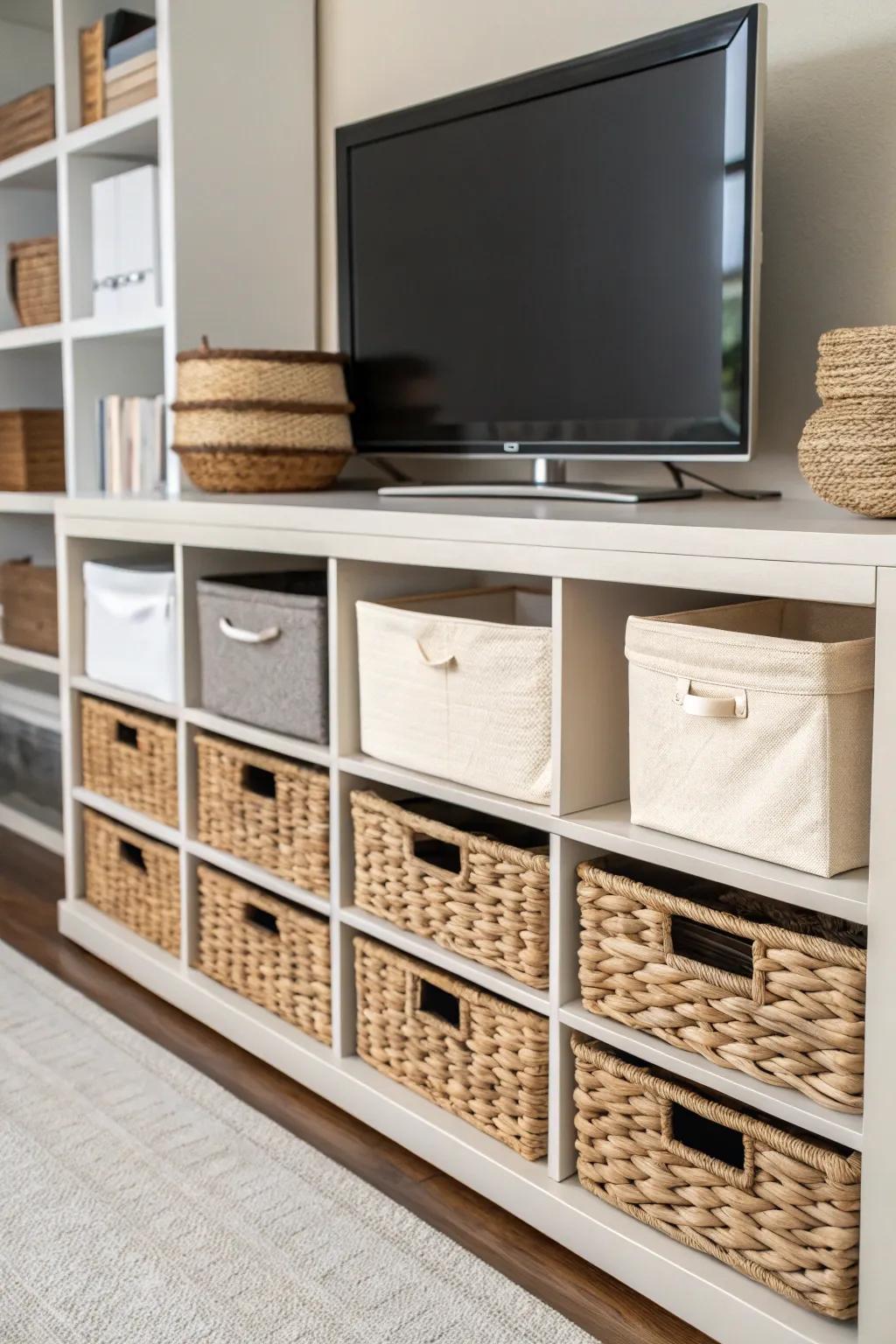 Wicker baskets and bins bring charm and order to your media center.