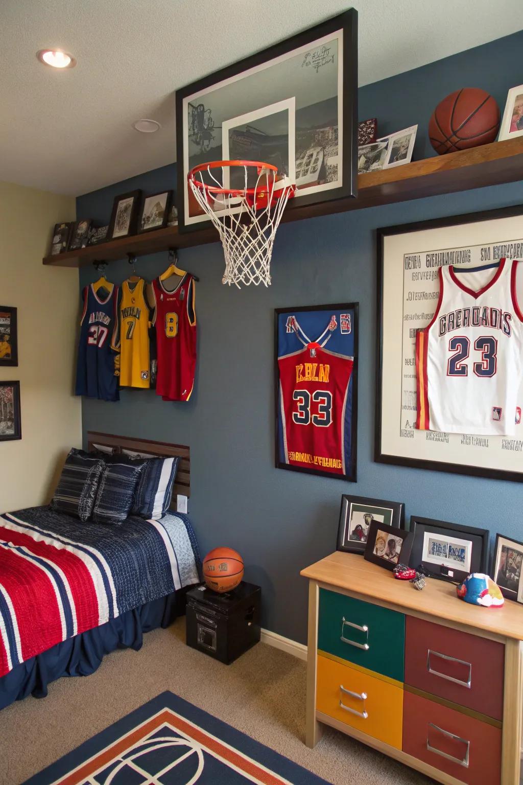 A sports-themed room featuring a basketball hoop and cherished memorabilia.