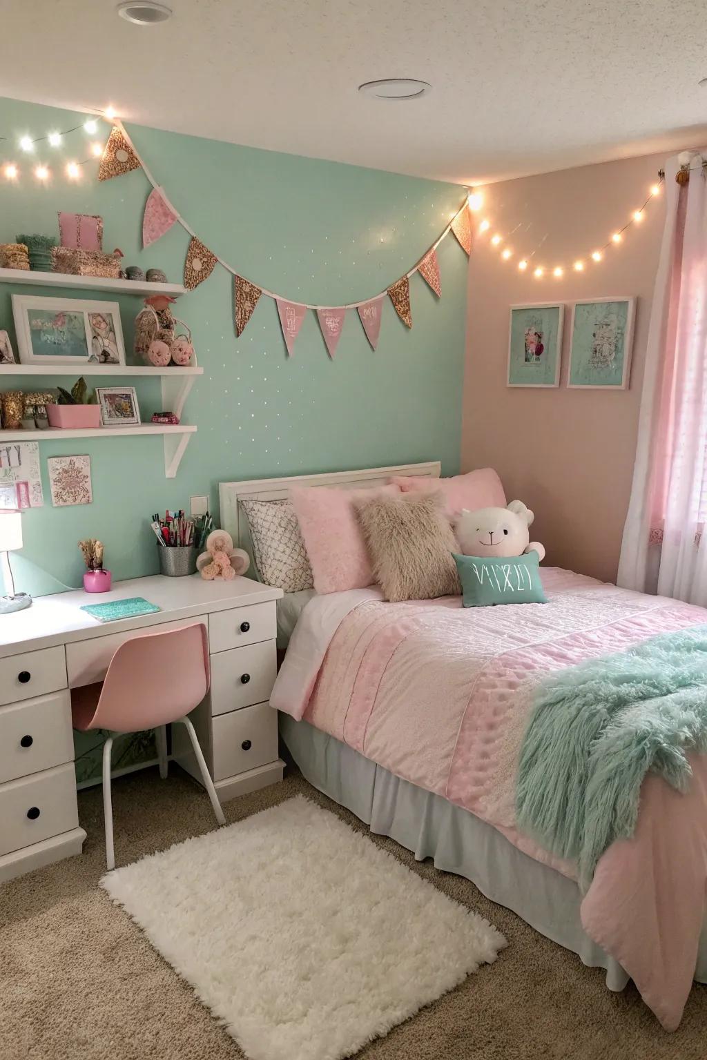 A serene retreat featuring seafoam and rosy blush.