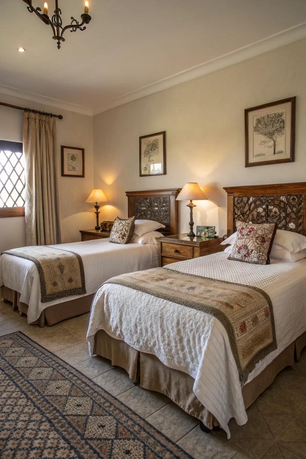 Symmetrical twin beds create a balanced and harmonious bedroom atmosphere.