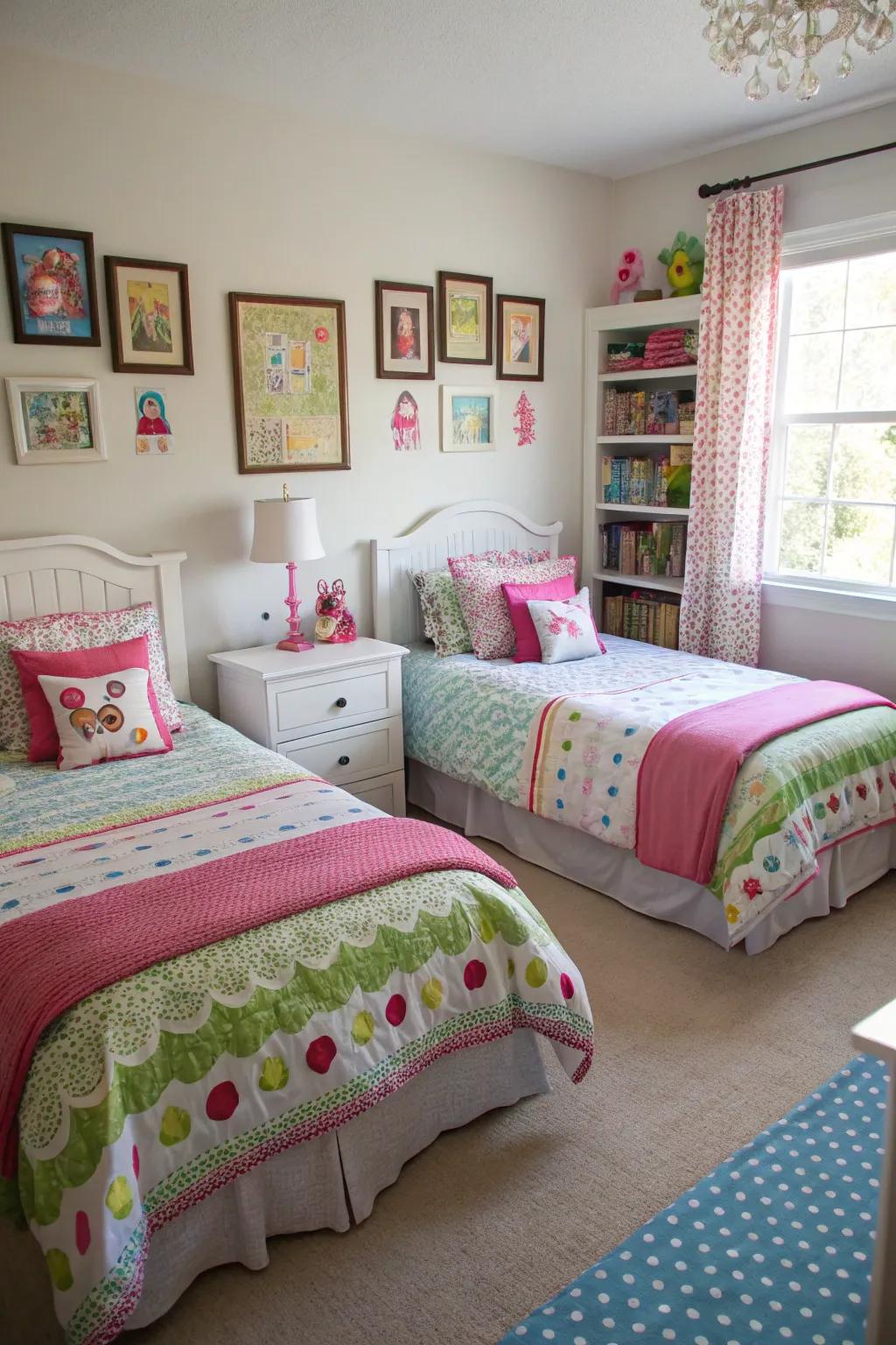 Perfectly symmetrical twin beds create a harmonious and balanced space.
