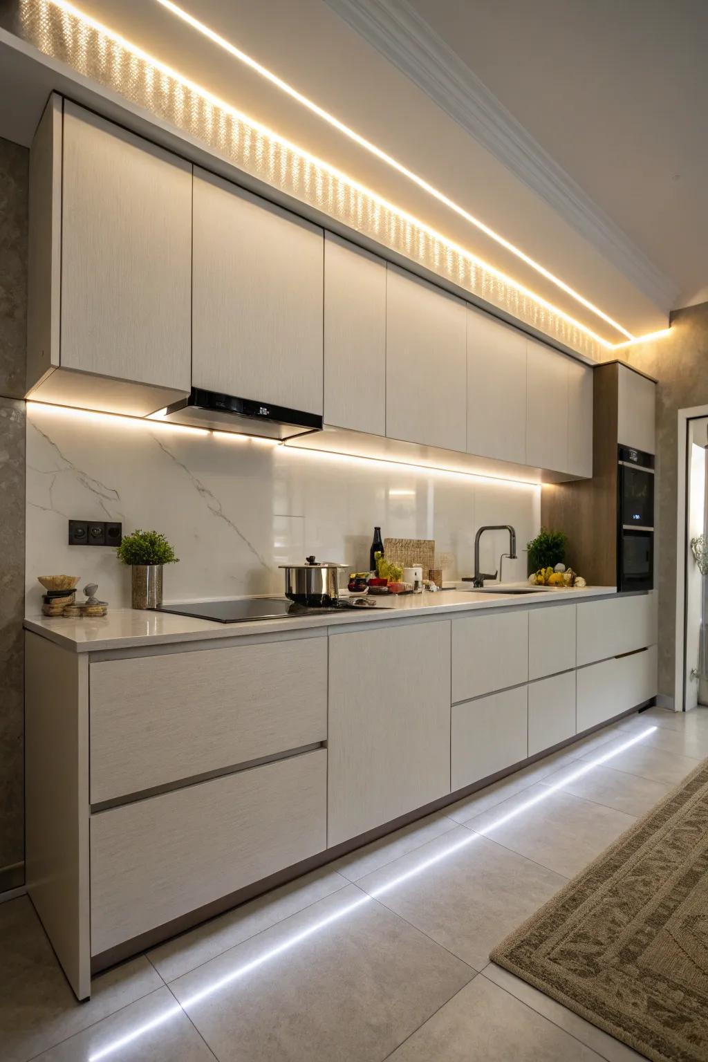 LED ribbon lights provide a smooth, modern effect beneath the cabinets.