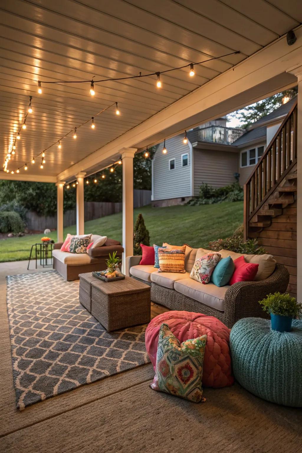 A tranquil lounge beneath the deck featuring cozy seating and vibrant decor.