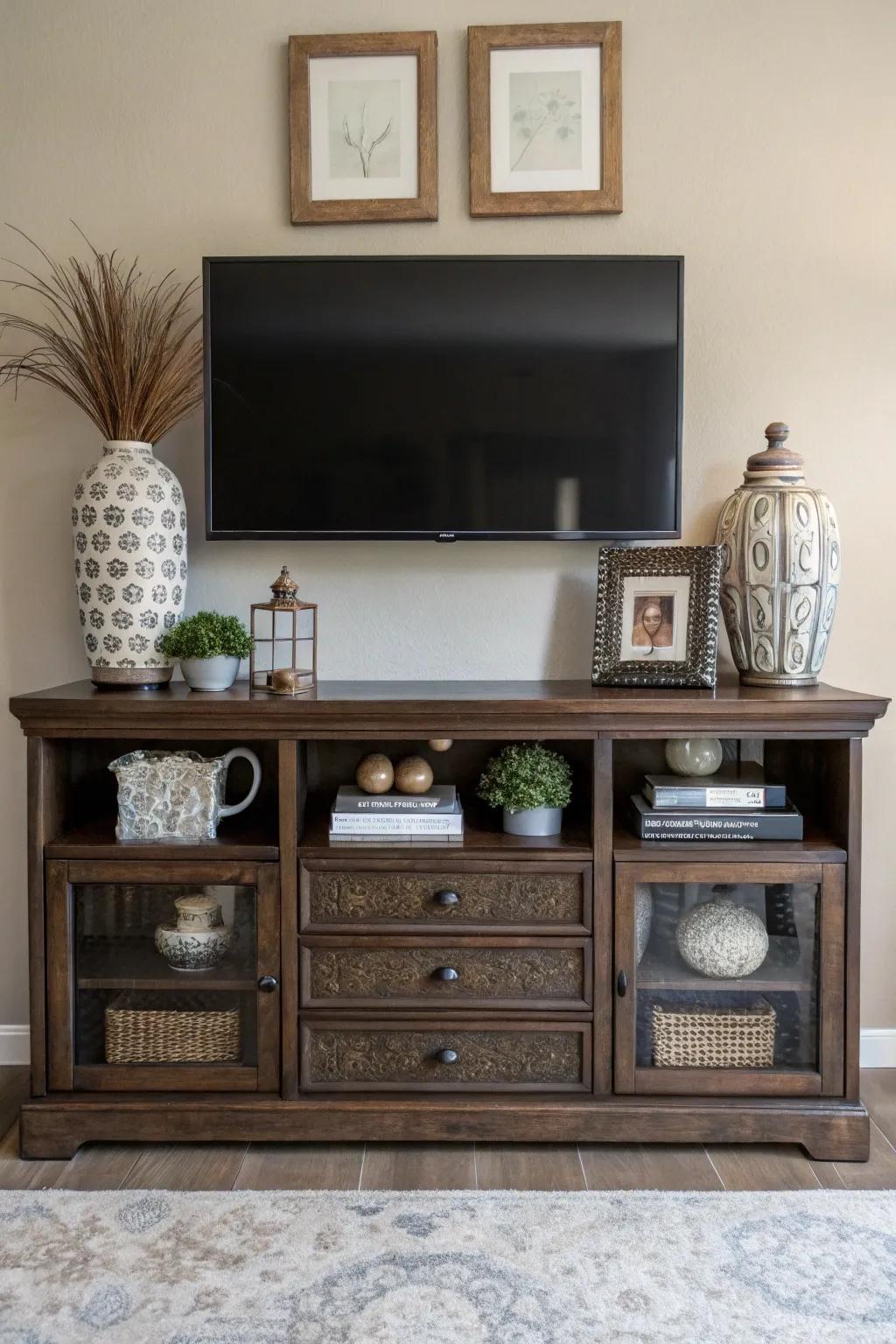 A classic TV console adds both style and practicality beneath your wall-mounted TV.