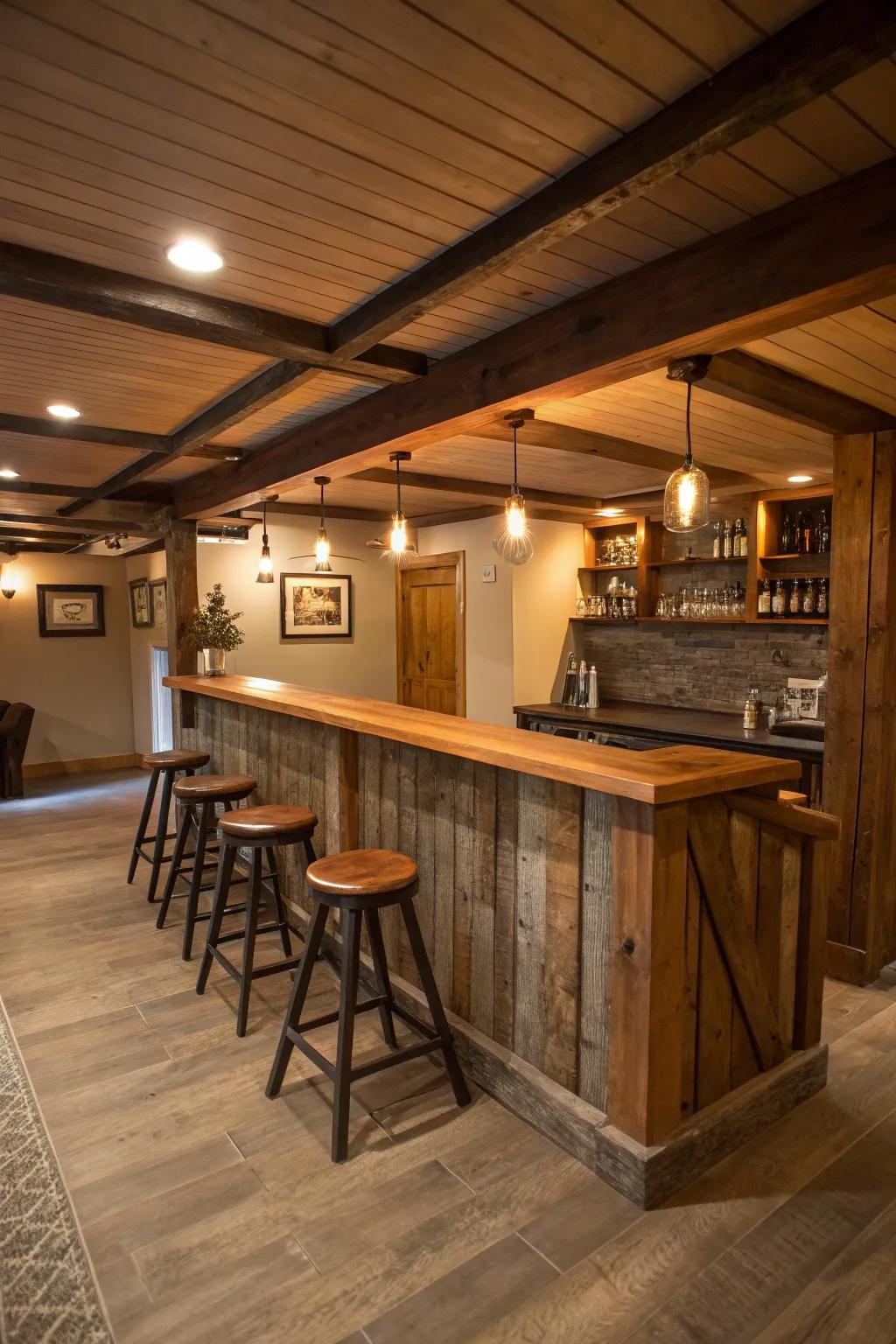 The warmth and welcome of a natural wood basement bar.