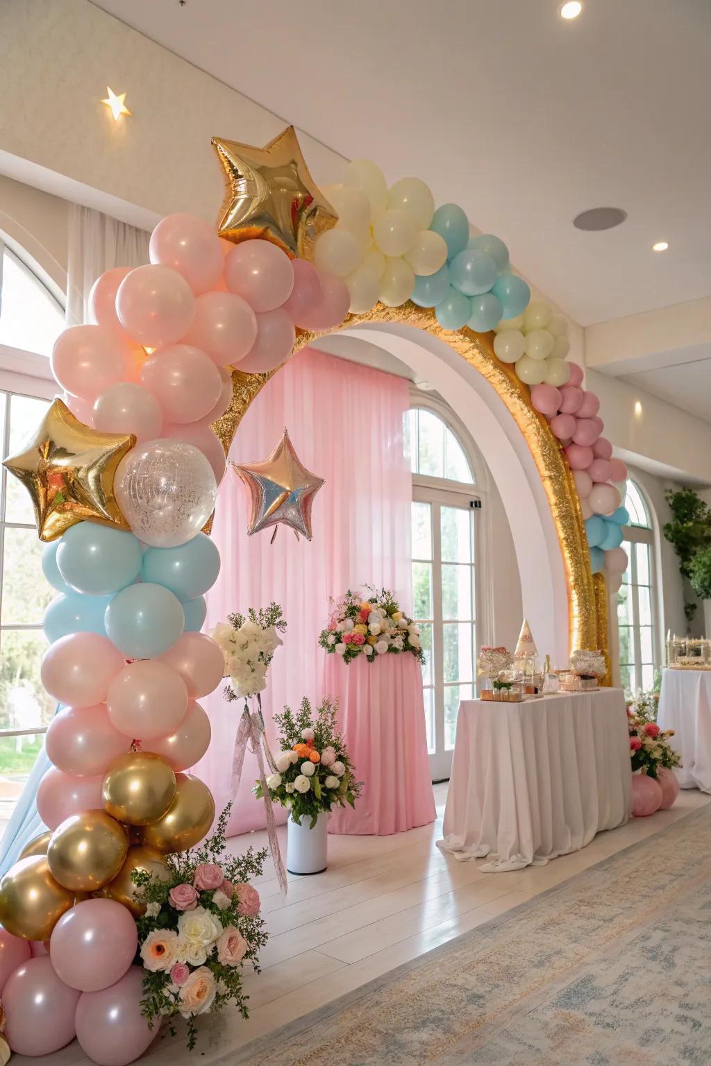 A breathtaking balloon arch featuring shiny details and star-shaped accents, perfect for a celestial theme.