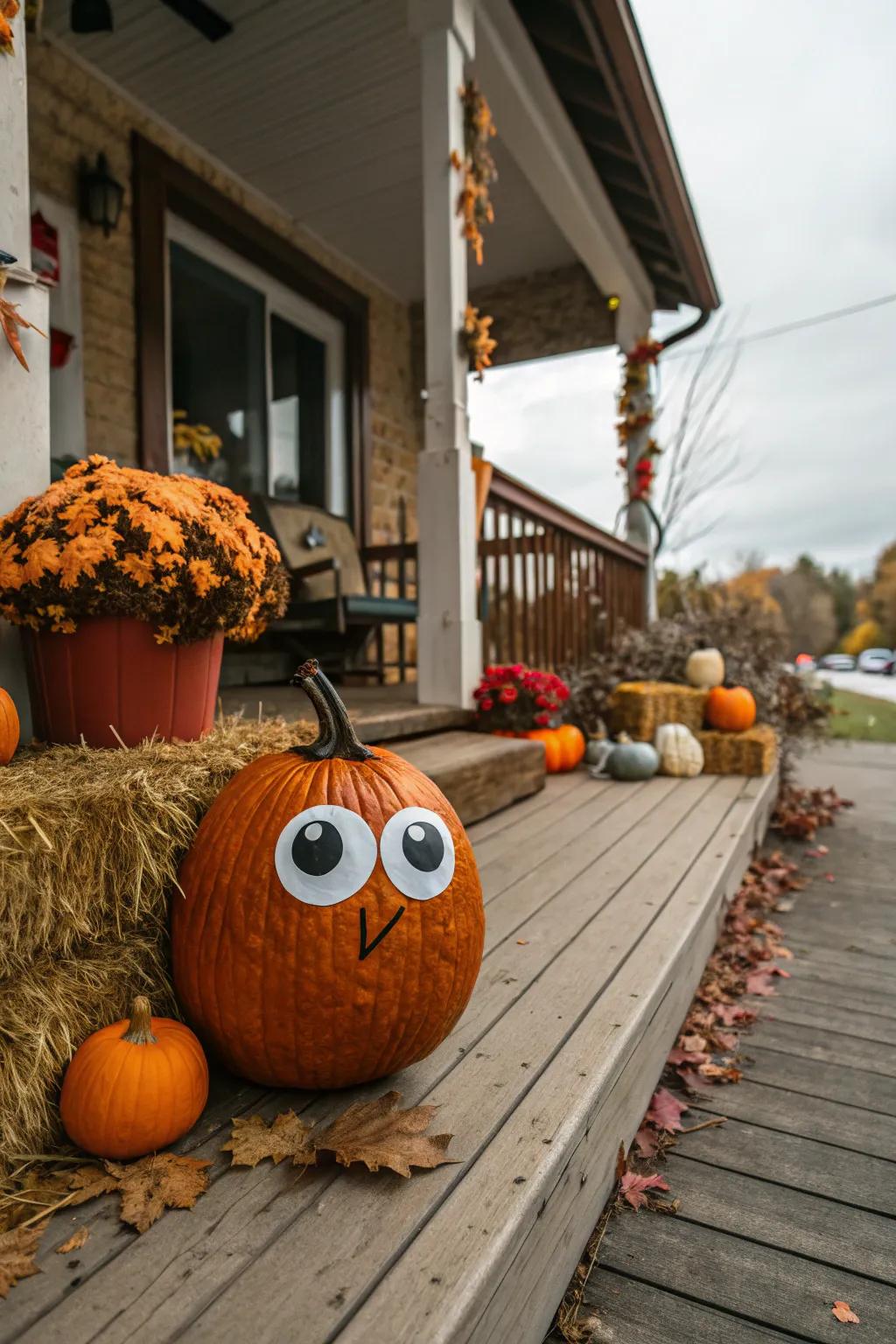 A pumpkin adorned with googly eyes, radiating a burst of fun in the autumnal air.