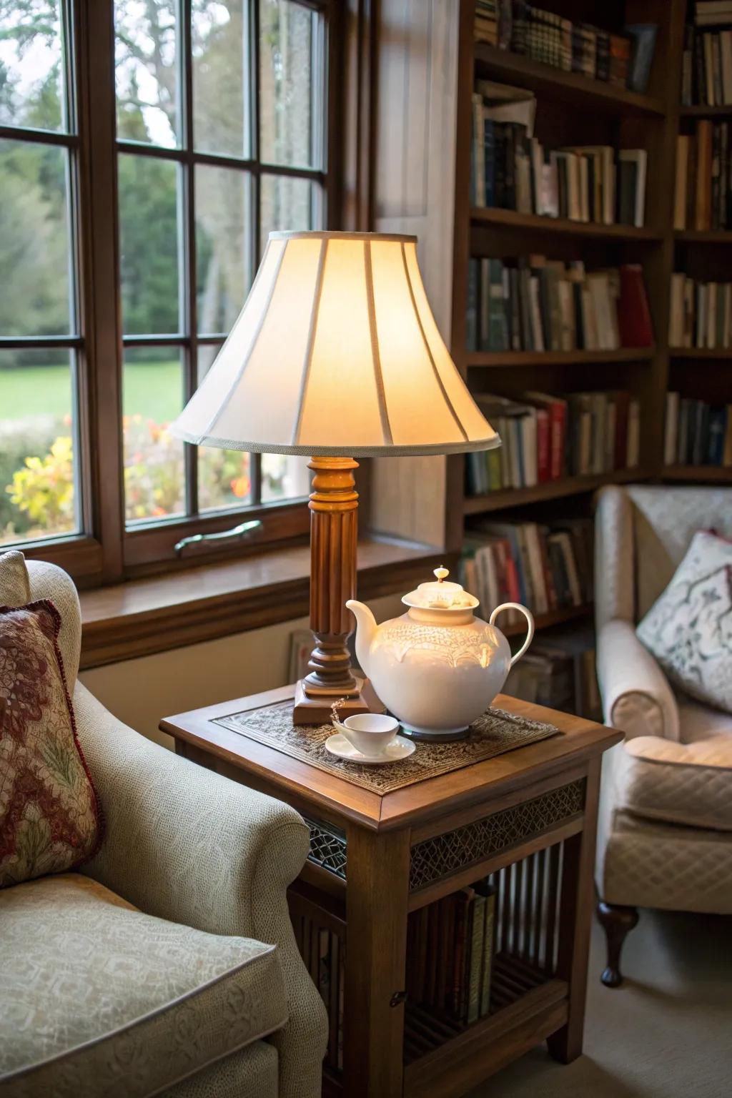 A quaint kettle lamp for a comfy nook.