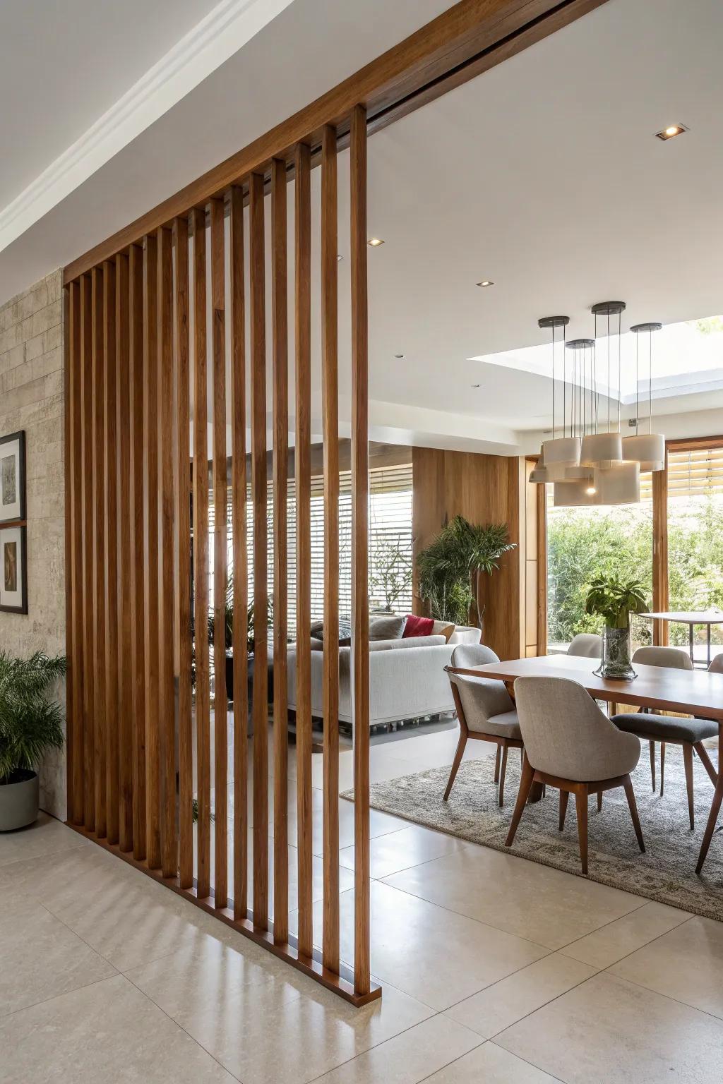 A modern interior features vertical wooden slat dividers that gently define each space.