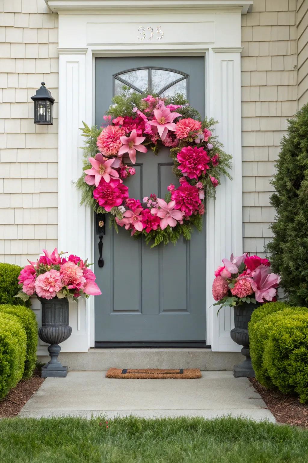 Rosy paeonies and lilies craft a radiant bloom for your entryway.