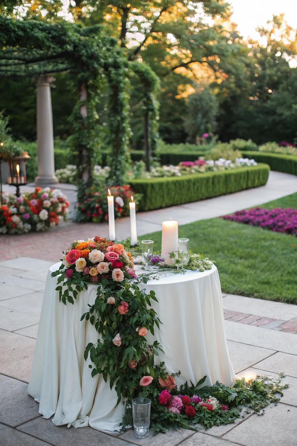 A unity candle station exquisitely adorned with abundant greenery and colorful blossoms.