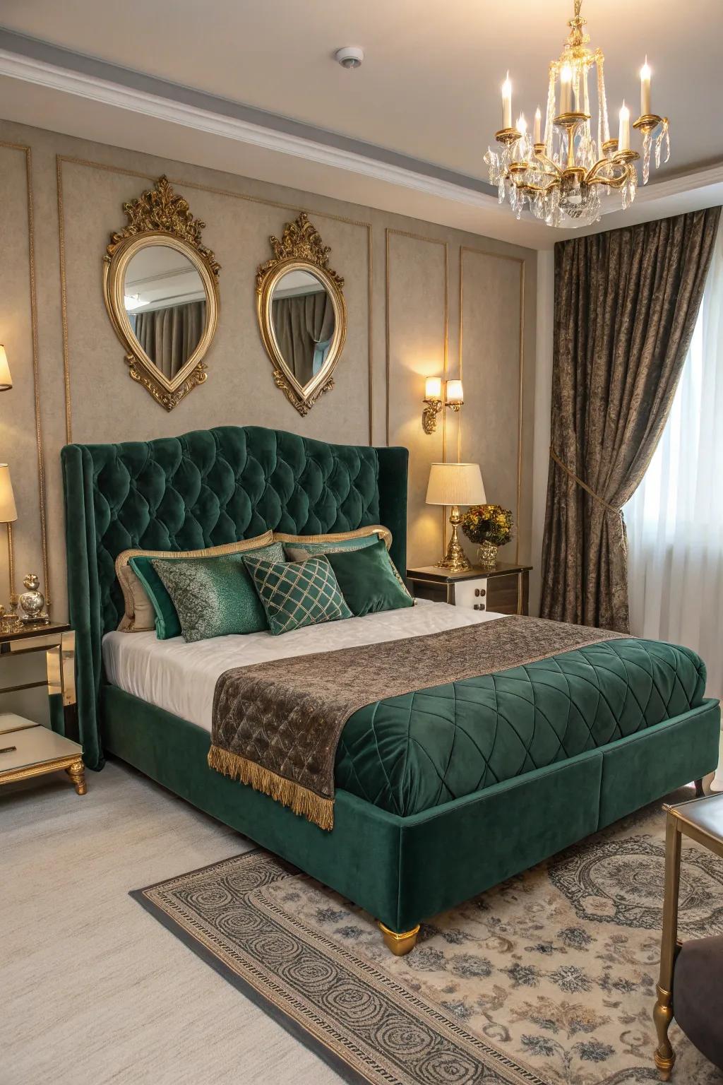 Velvet upholstery turns this bed into a lavish focal point.
