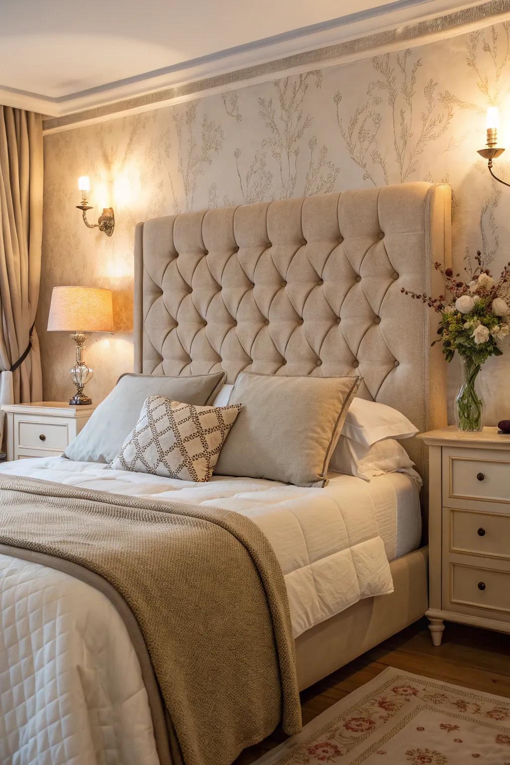 A classic tufted headboard lends an air of elegance to this serene bedroom.