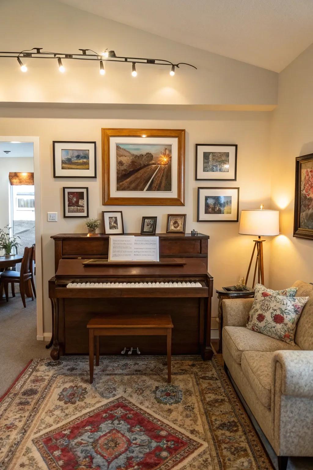 A welcoming living space featuring an upright piano and an art-filled gallery wall overhead.