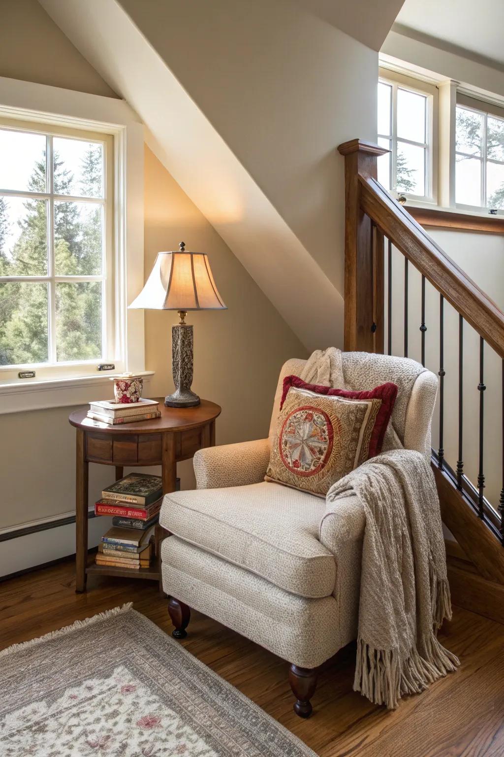 A welcoming reading corner on the landing beckons with an invitation to unwind.