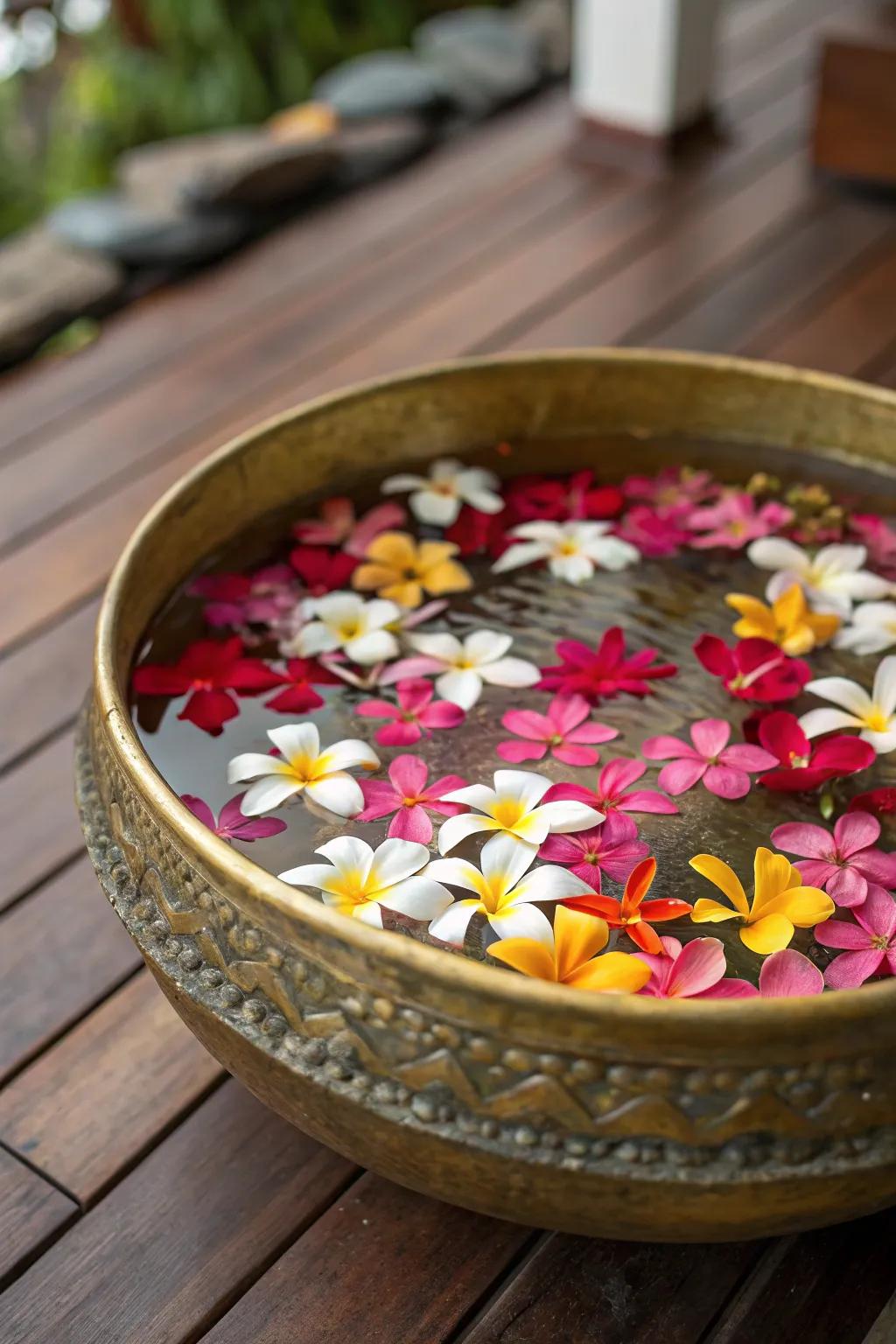 Floating petals craft a tranquil and vibrant spectacle.