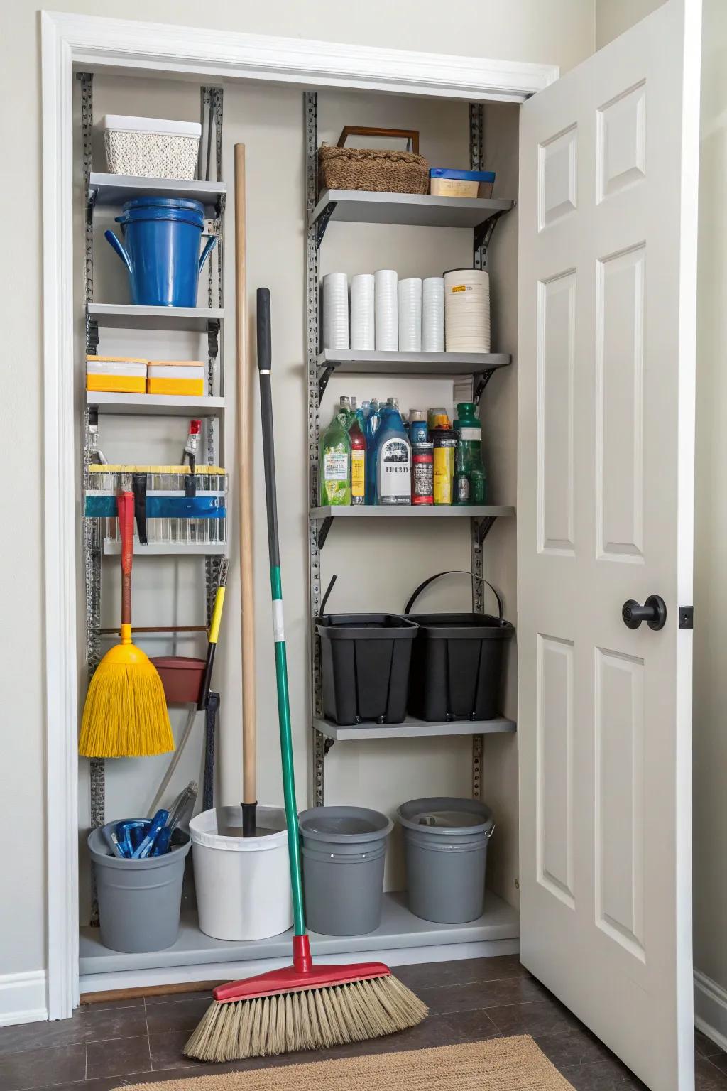 Shelves that can be moved make it easy to store different things in your utility closet.