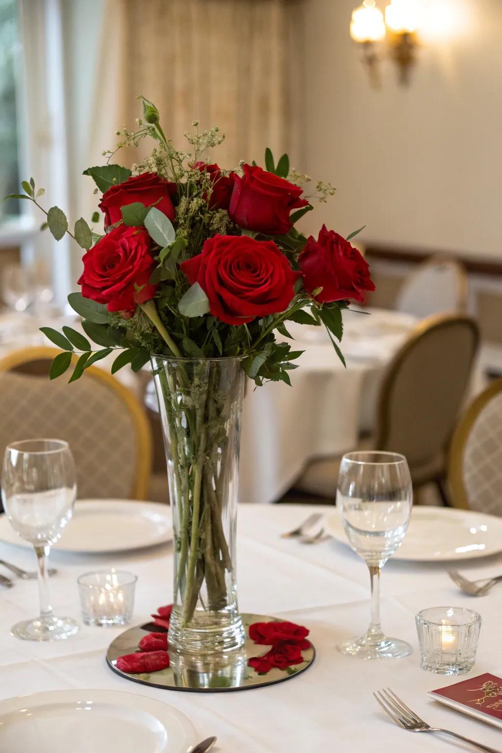 Classic red roses nestled in a glass vase, crafting an everlasting centerpiece.