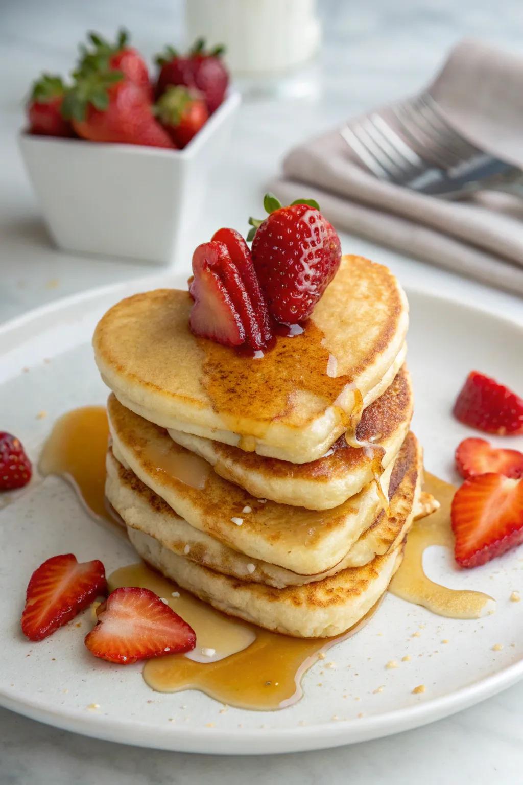 Delicious heart-shaped pancakes topped with fresh strawberries.