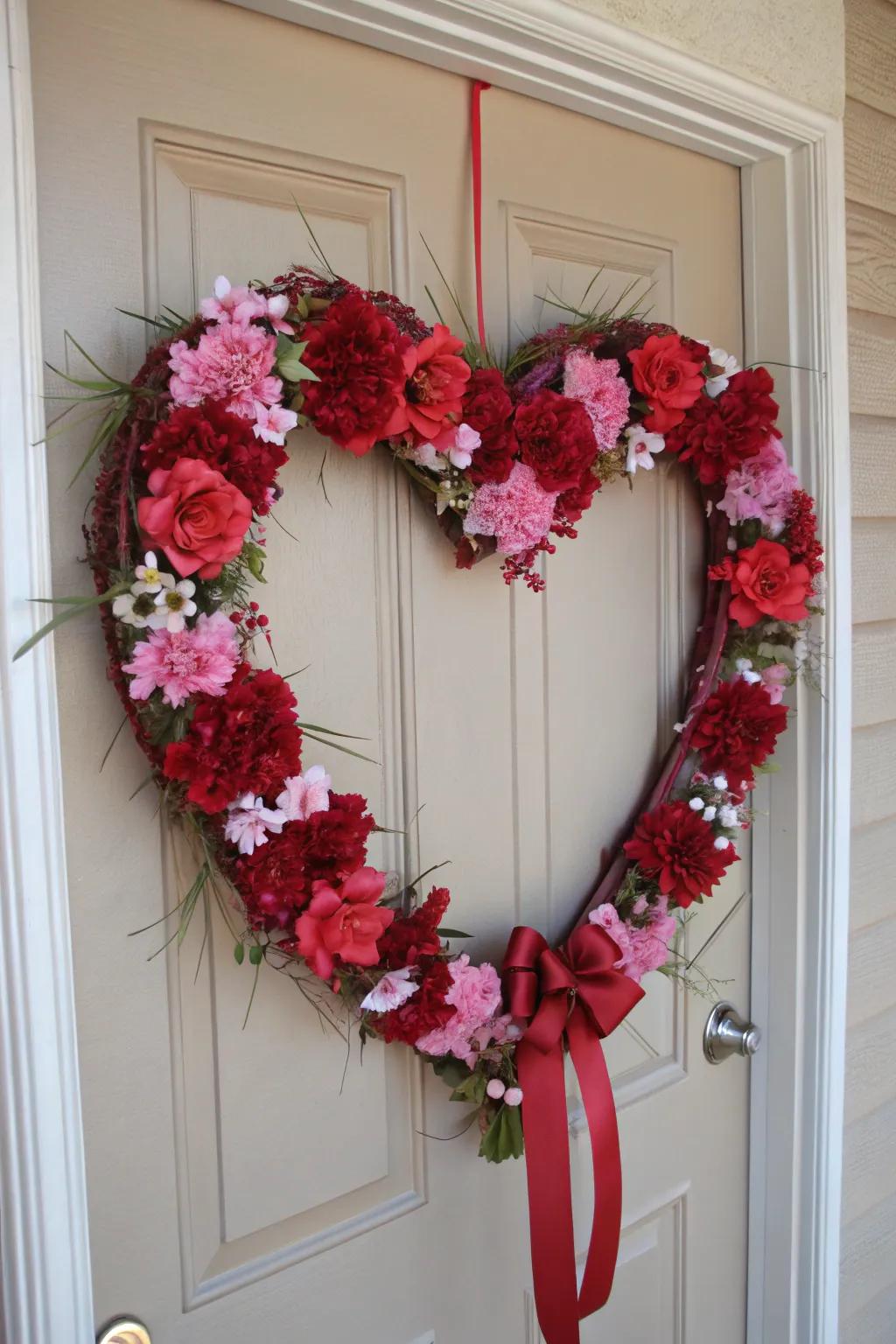 A vibrant heart-shaped wreath sets the tone for Valentine's Day.