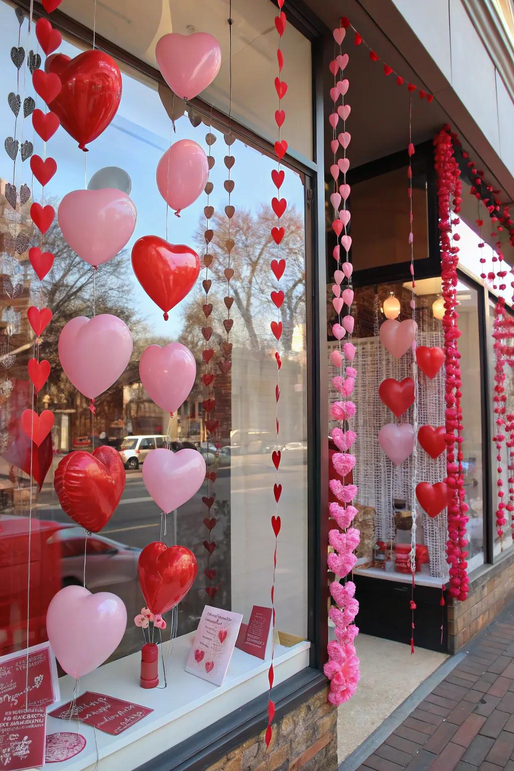 A store window lavishly decorated with heart-shaped ornaments for Valentine's Day, creating a visually stunning display.